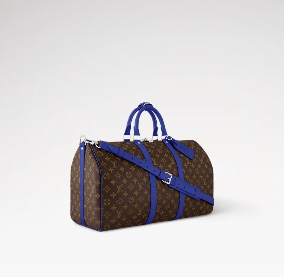 Louis Vuitton Keepall Bandouliere 50 Travel Bag / Brown/ Indigo Blue Silver Hardware - Image 4