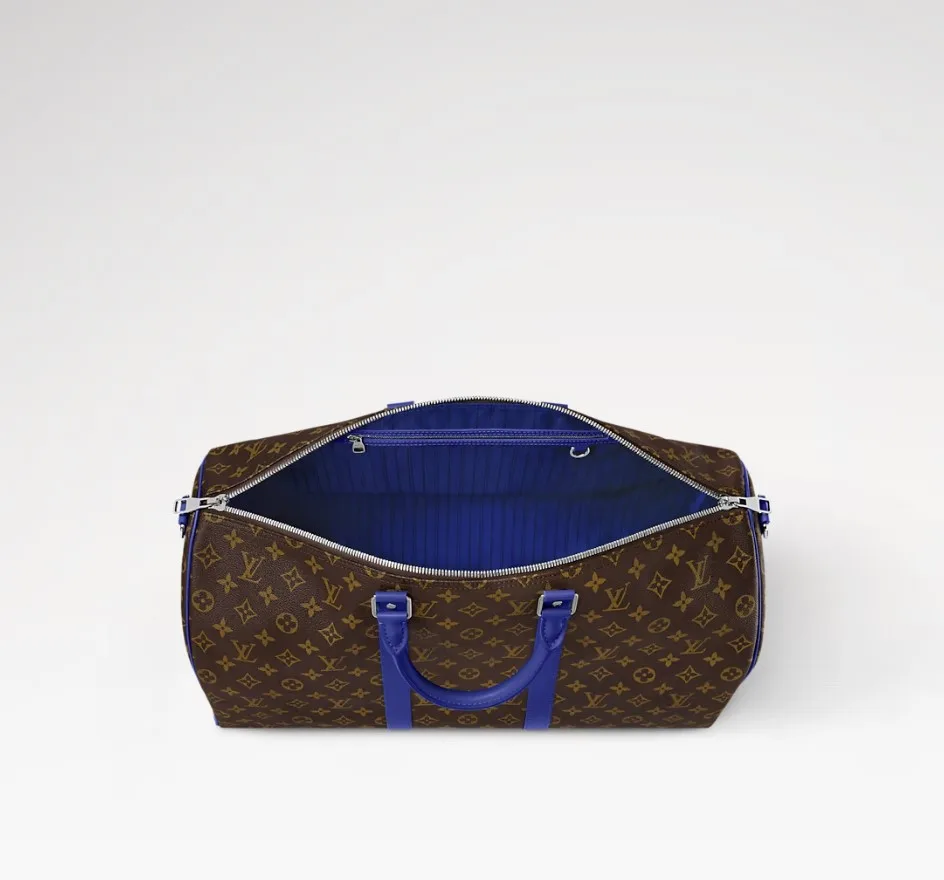 Louis Vuitton Keepall Bandouliere 50 Travel Bag / Brown/ Indigo Blue Silver Hardware - Image 5
