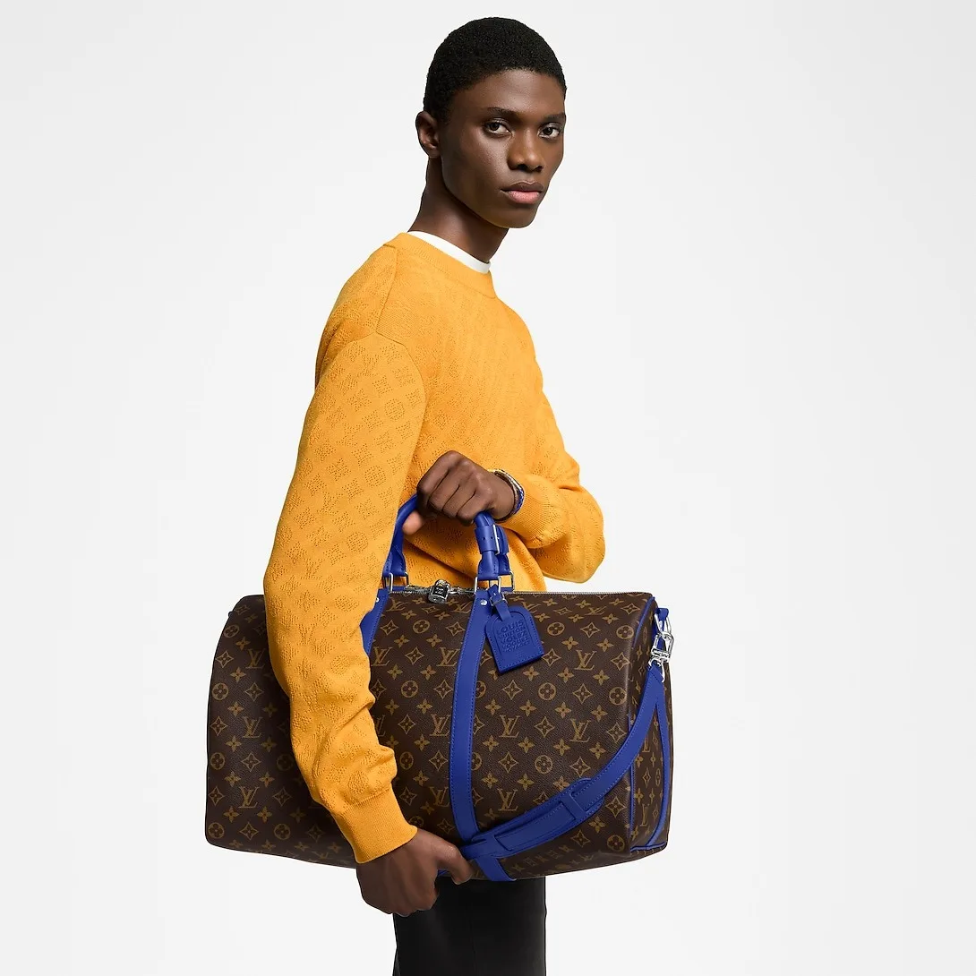 Louis Vuitton Keepall Bandouliere 50 Travel Bag / Brown/ Indigo Blue Silver Hardware - Image 3