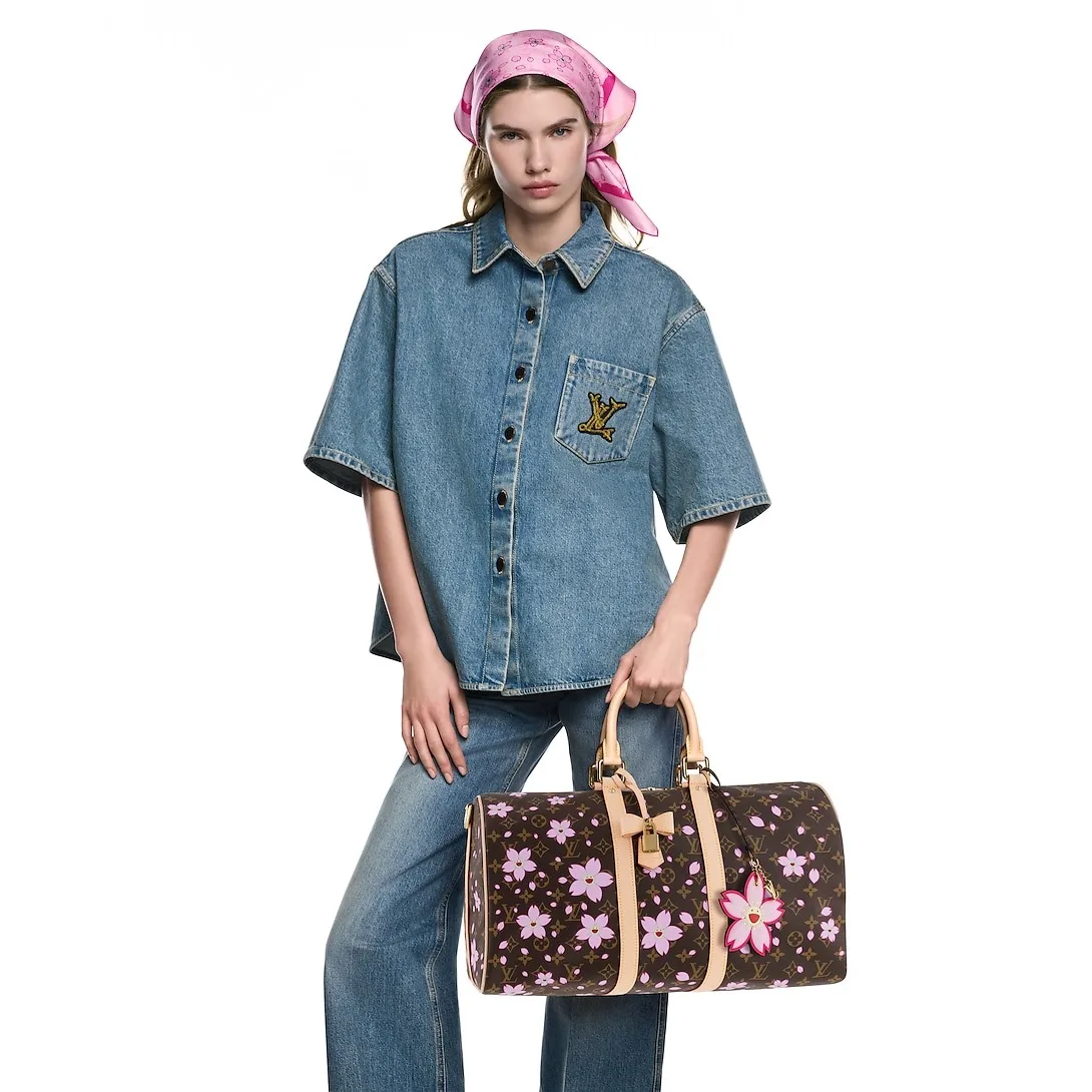 Alternative view of Louis Vuitton LV x Murakami Keepall Bandouliere 45 Travel Bag / Sakura Brown Gold Hardware