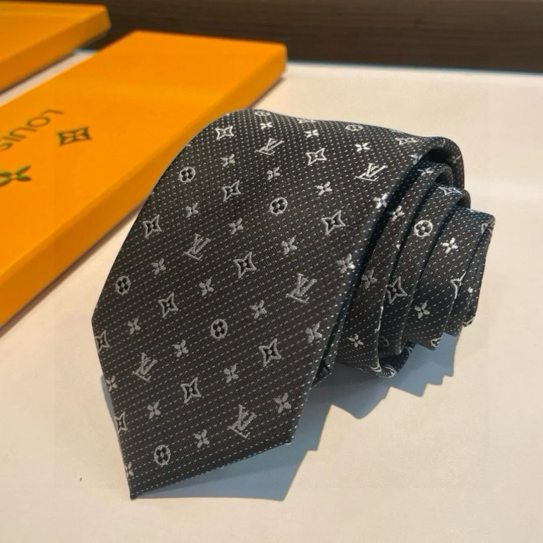 Louis Vuitton Monogram Silk Tie Dark Charcoal Grey - Image 5