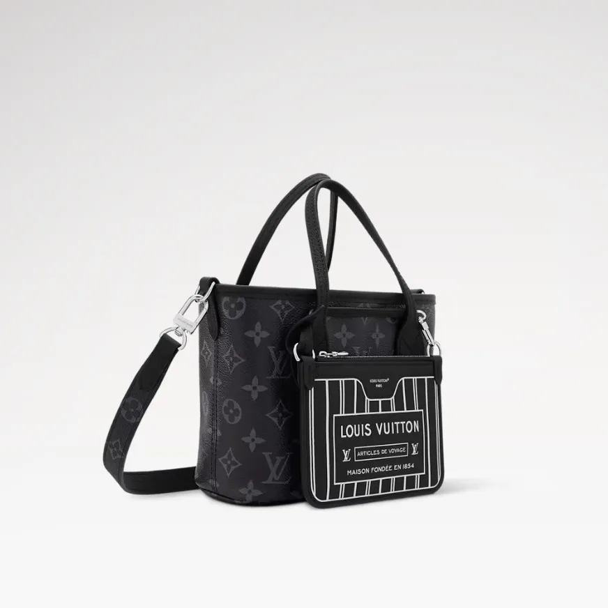 Louis Vuitton Neverfull Bandouliere Inside Out BB Tote Bag / Black Silver Hardware - Image 5