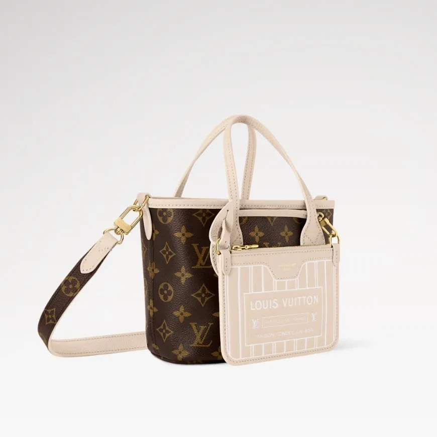 Louis Vuitton Neverfull Bandouliere Inside Out BB Tote Bag / Limestone Gold Hardware - Image 5