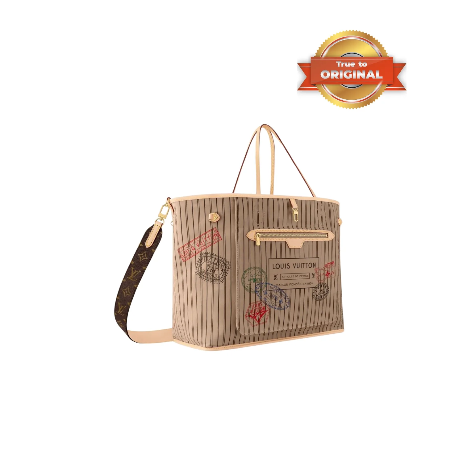 Louis Vuitton Neverfull Bandouliere Inside Out GM Tote Bag Beige Gold Hardware - Image 4