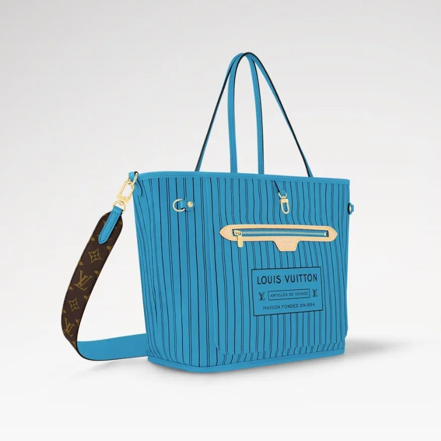 Louis Vuitton Neverfull Bandouliere Inside Out MM Tote Bag / Gaston Blue Gold Hardware - Image 4