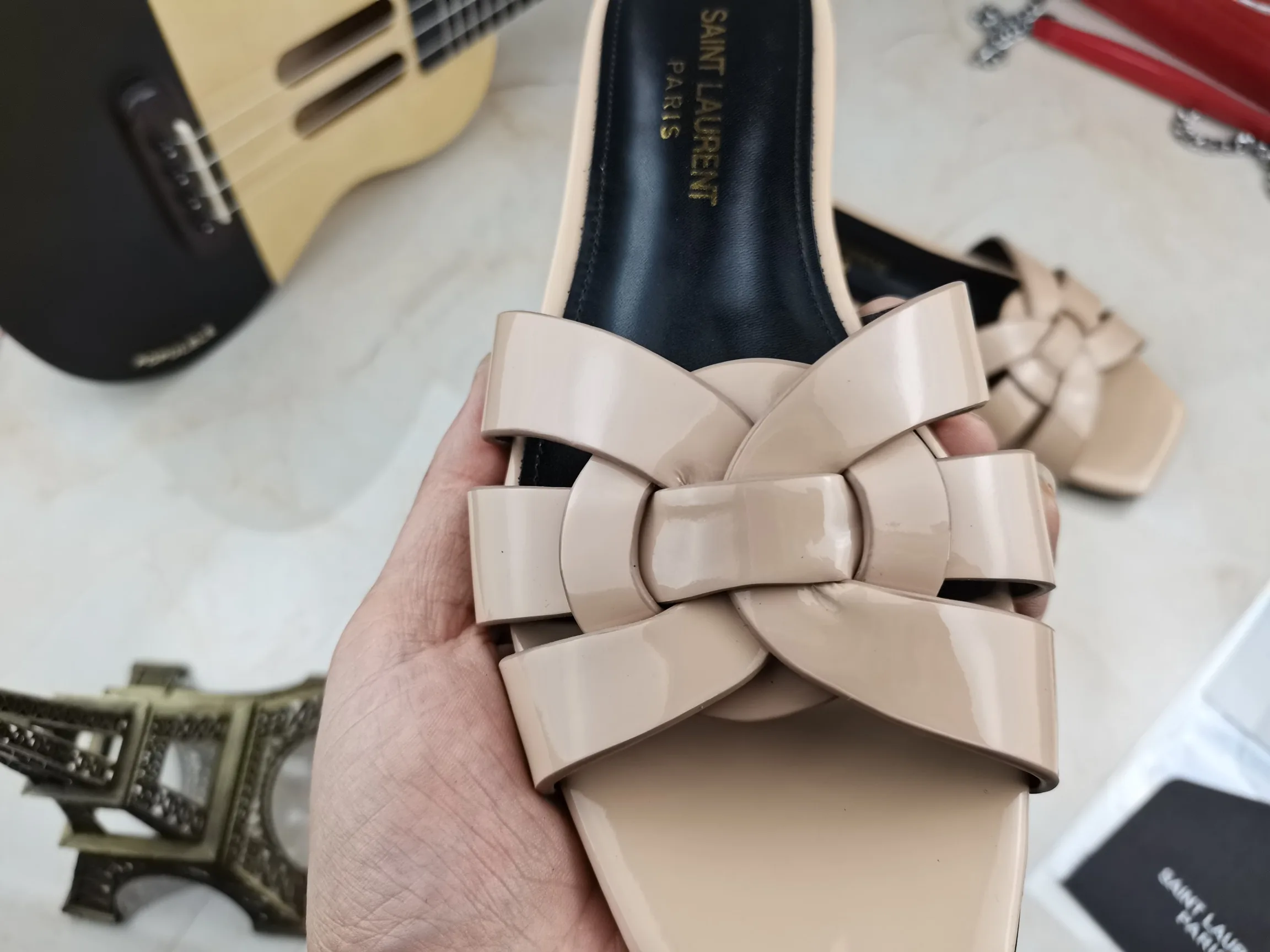Alternative view of Saint Laurent Tribute Flat Mules Beige YSL