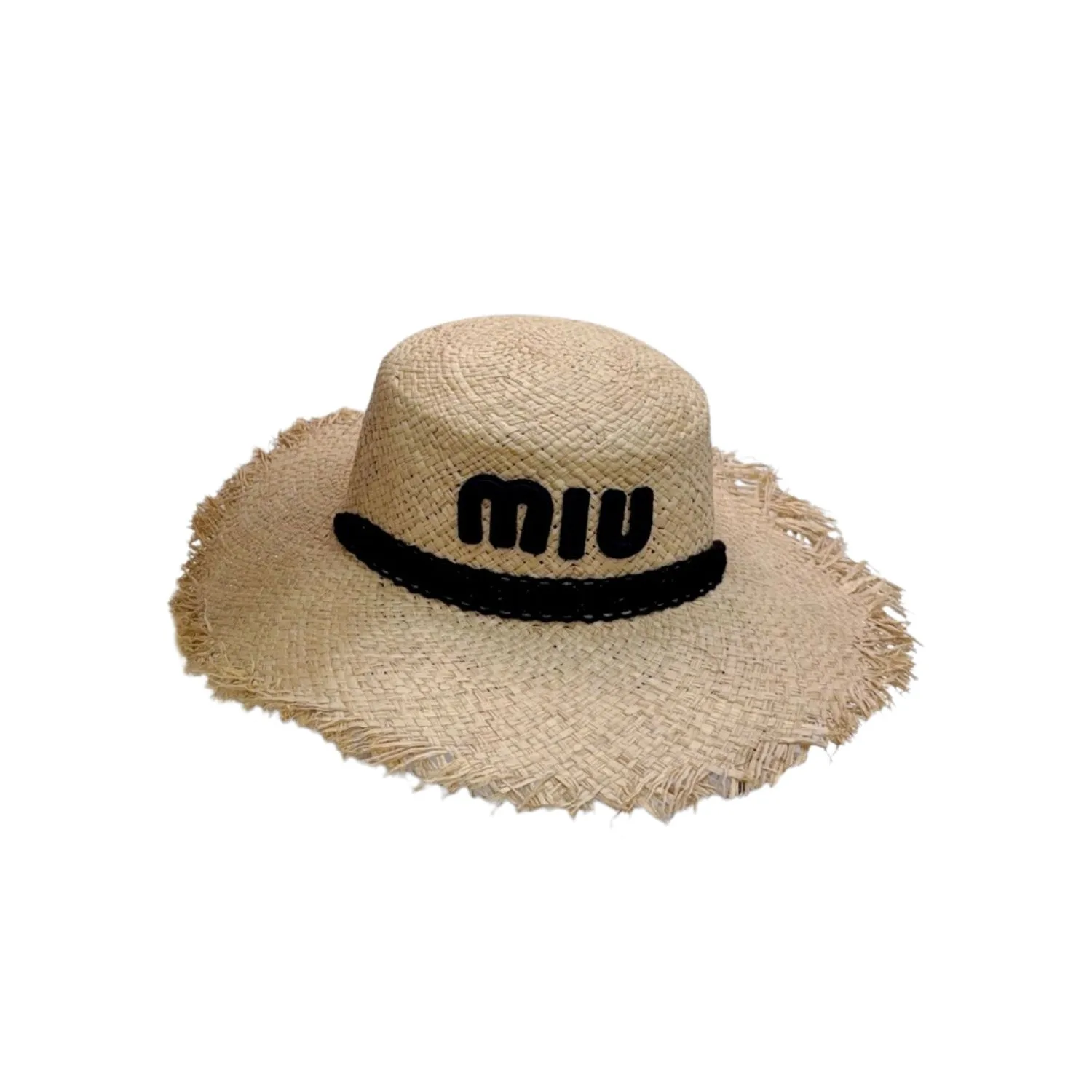 Miu Miu Wheat Straw Hat With Black Lace Trim Beige - Image 4