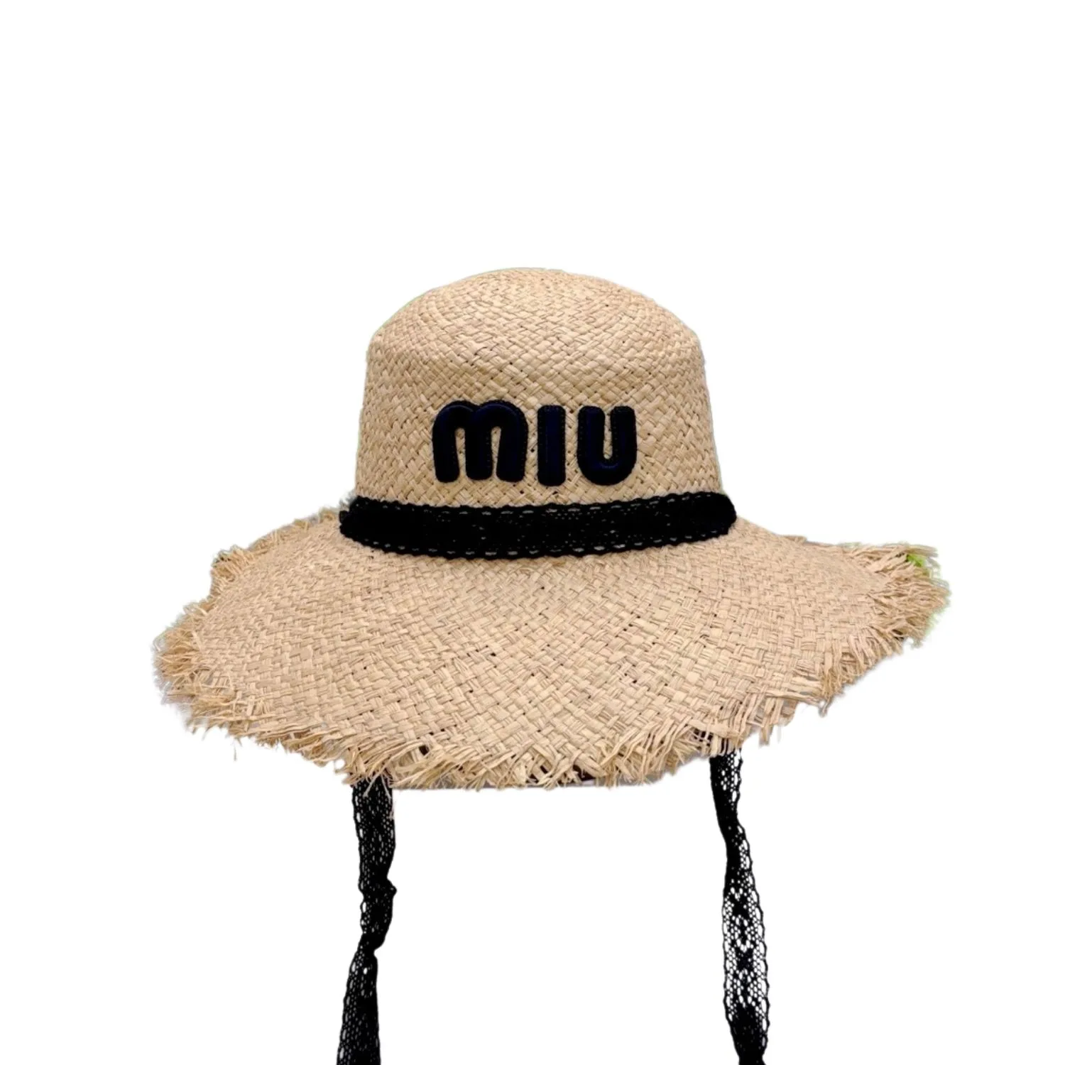 Alternative view of Miu Miu Wheat Straw Hat With Black Lace Trim Beige