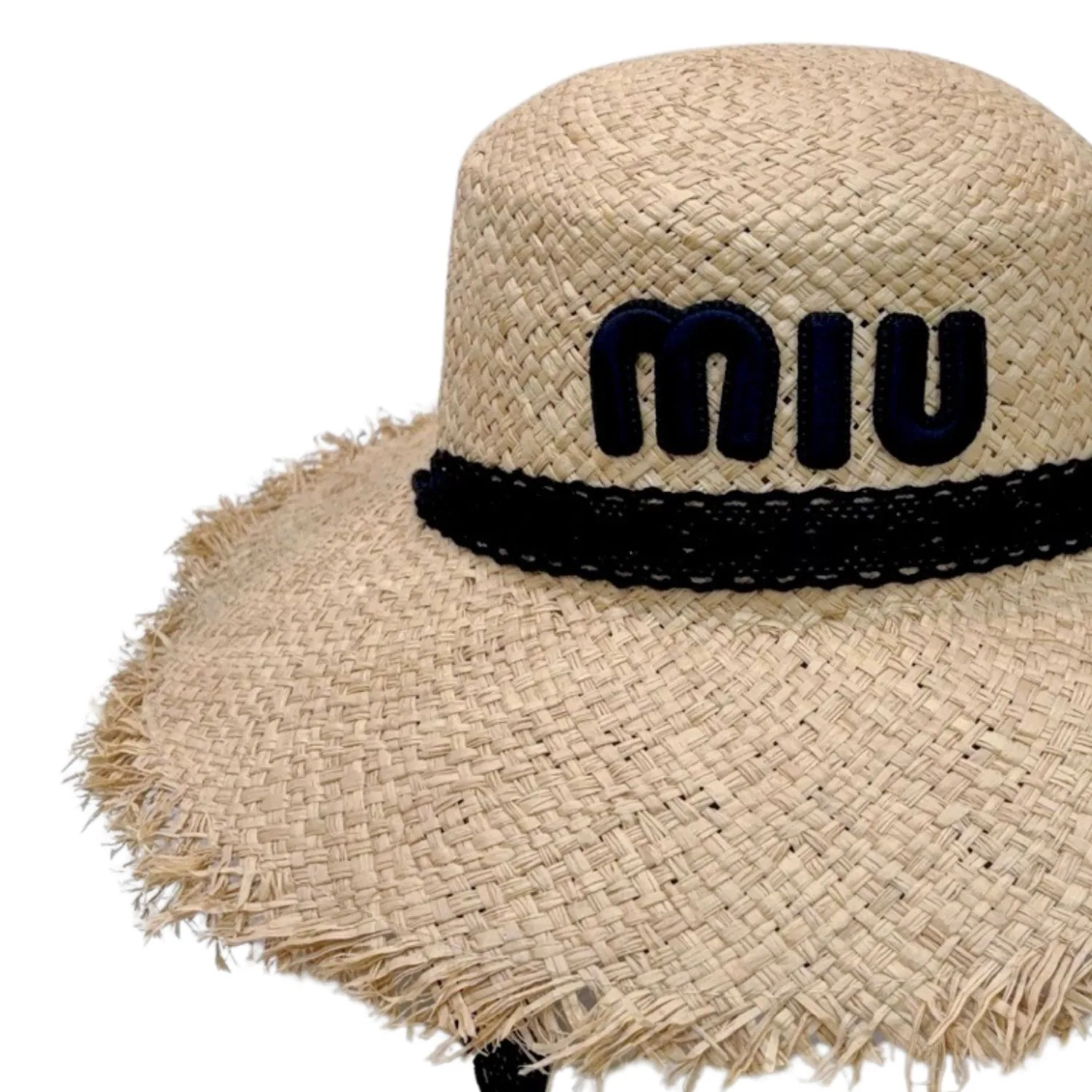 Miu Miu Wheat Straw Hat With Black Lace Trim Beige - Image 3