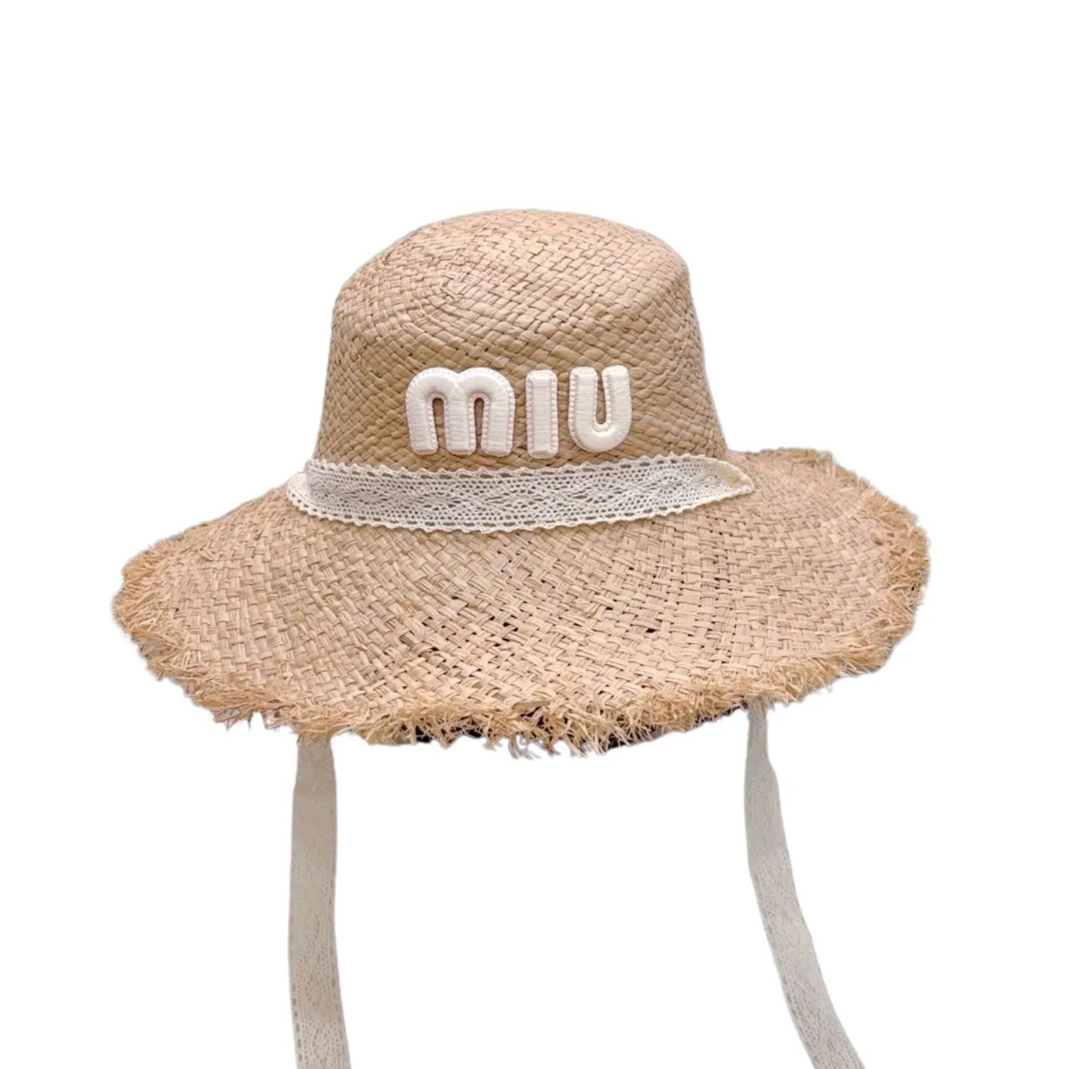 Miu Miu Wheat Straw Hat With White Lace Trim Beige - Image 4