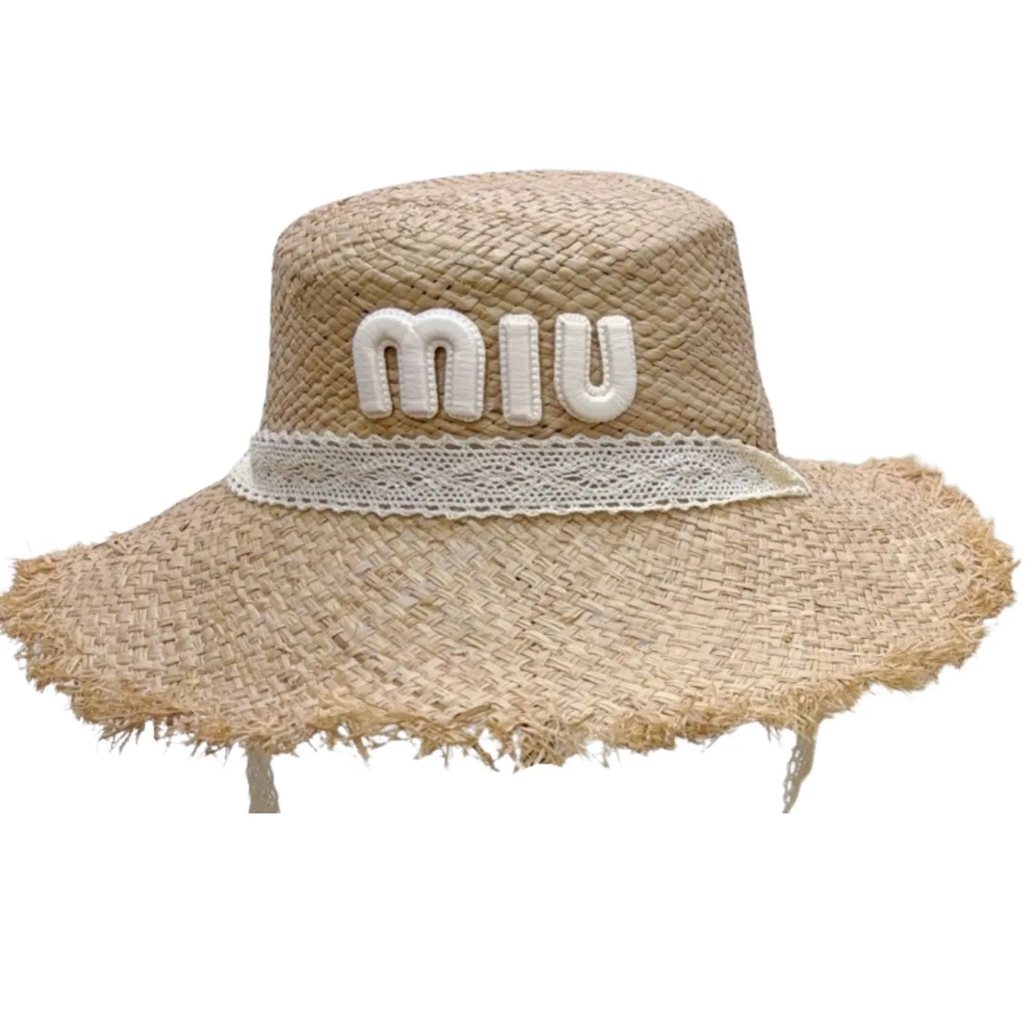 Miu Miu Wheat Straw Hat With White Lace Trim Beige - Image 3
