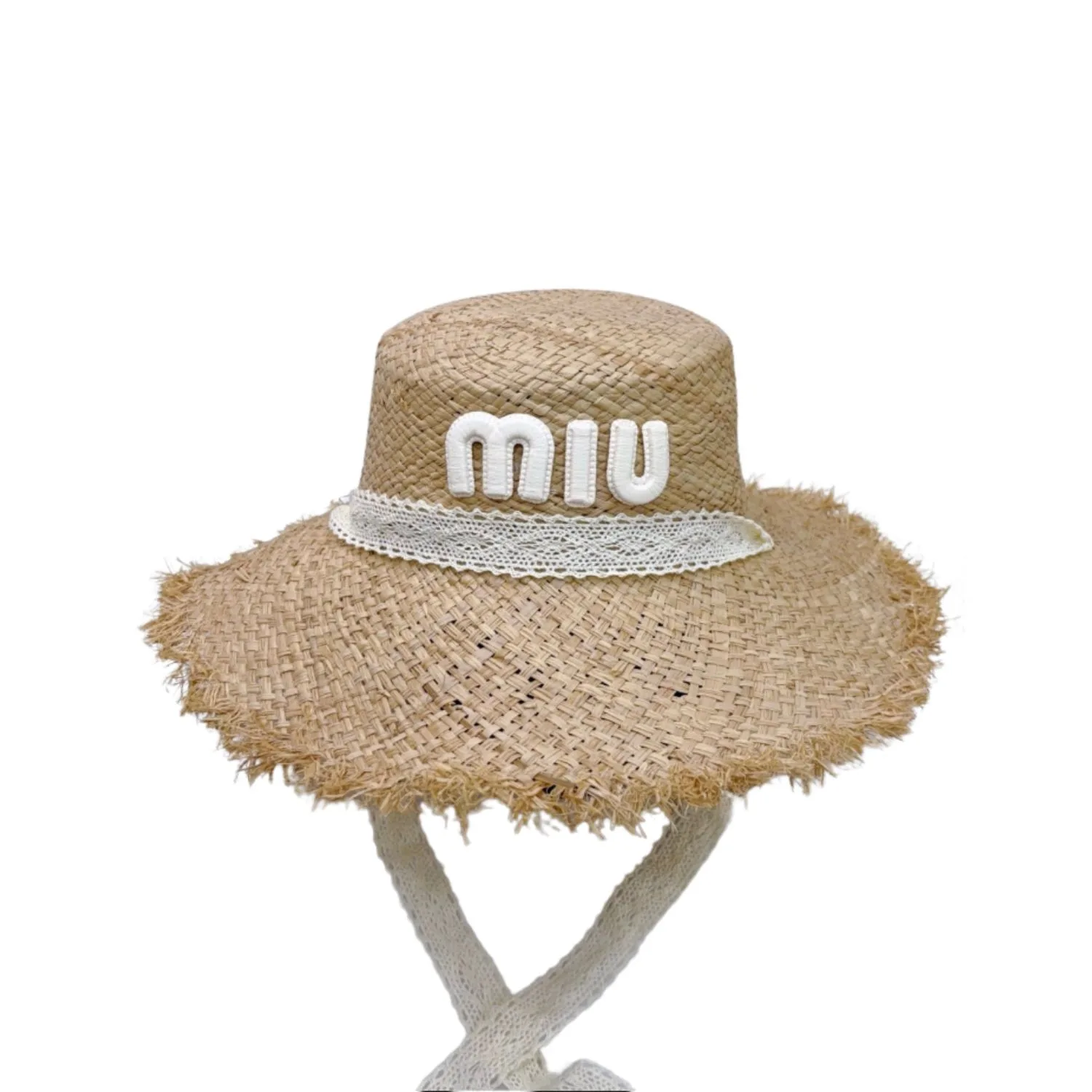 Miu Miu Wheat Straw Hat With White Lace Trim Beige - Image 5