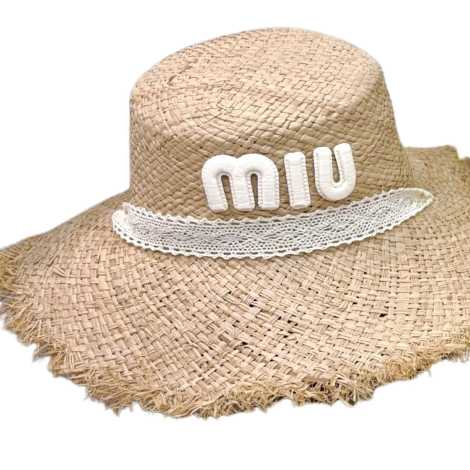 Alternative view of Miu Miu Wheat Straw Hat With White Lace Trim Beige