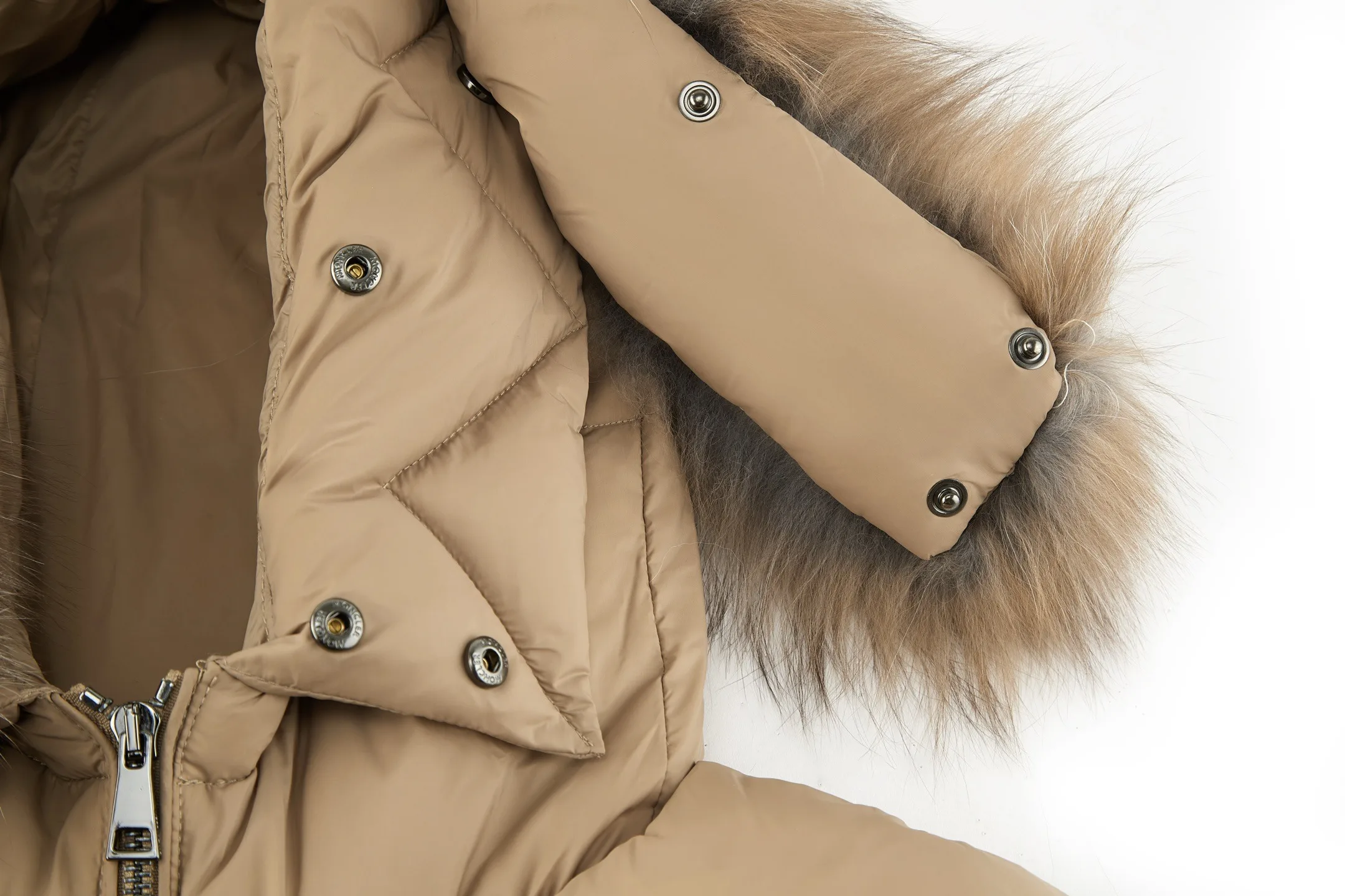 Moncler Boed Hooded Shearling-Trimmed Short Down Jacket Beige - Image 6