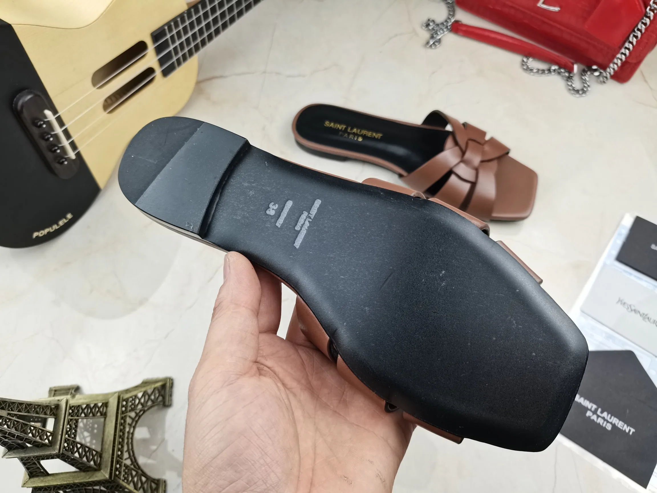 Alternative view of Saint Laurent Tribute Flat Mules Brown YSL