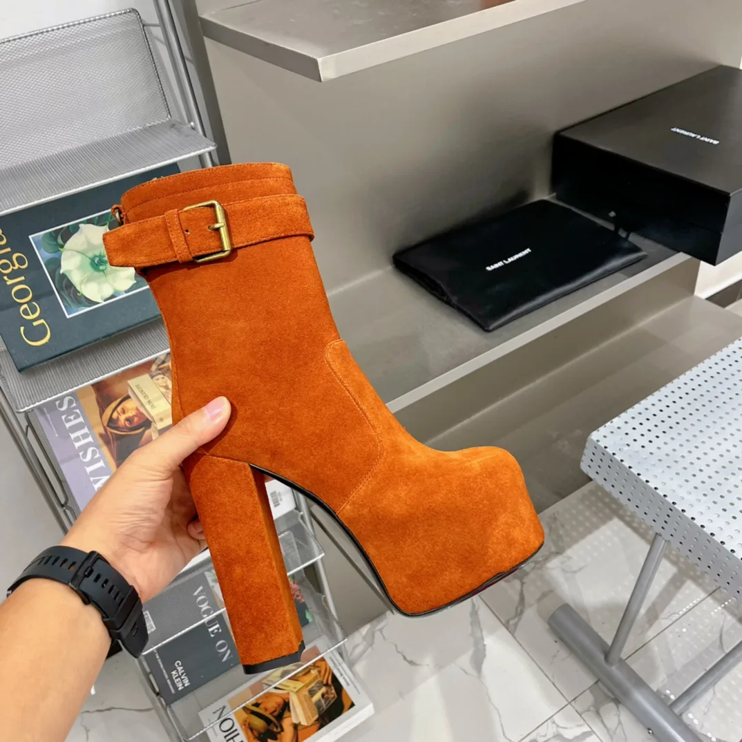 Saint Laurent Cherry Buckle Platform Booties Orange YSL - Image 6