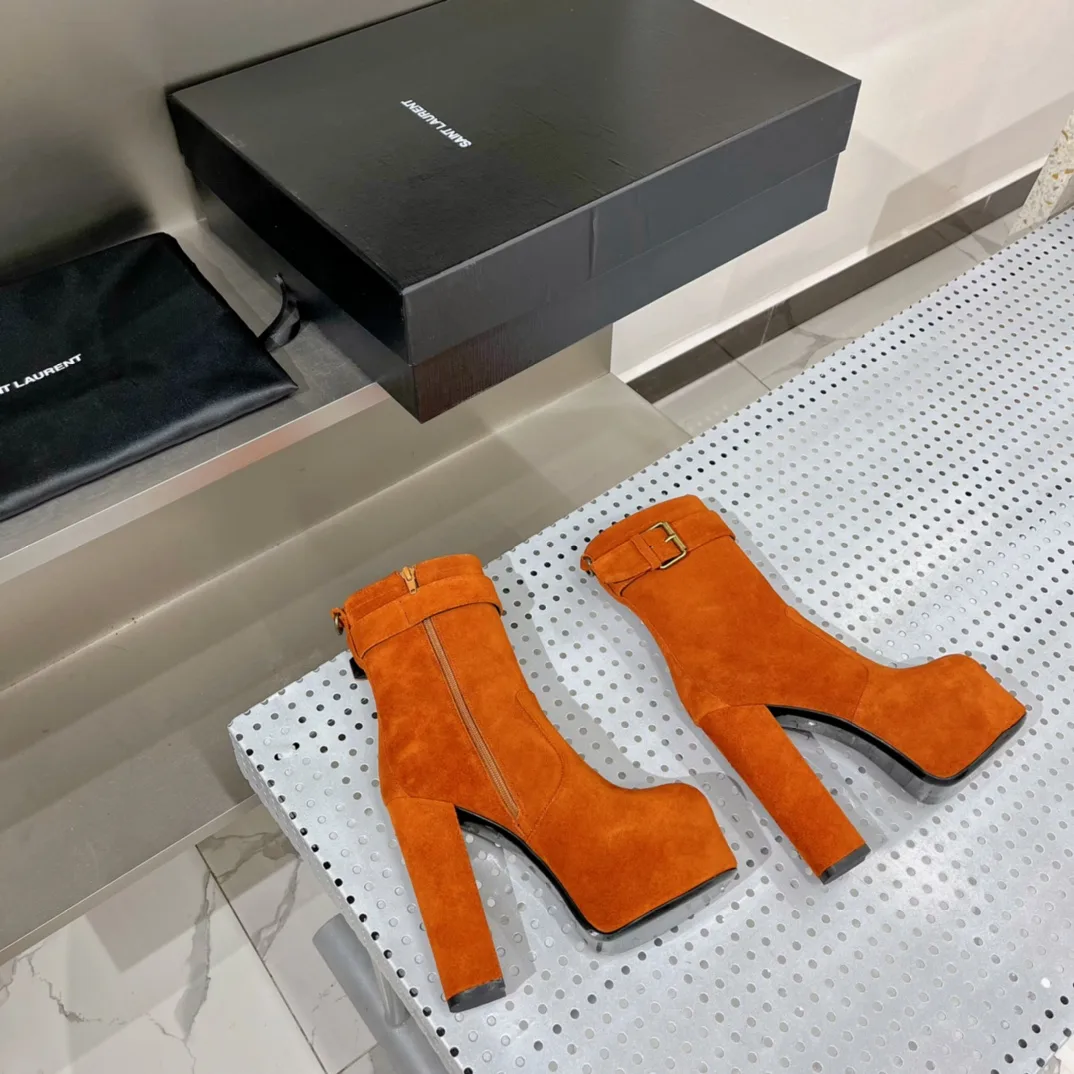 Saint Laurent Cherry Buckle Platform Booties Orange YSL - Image 4