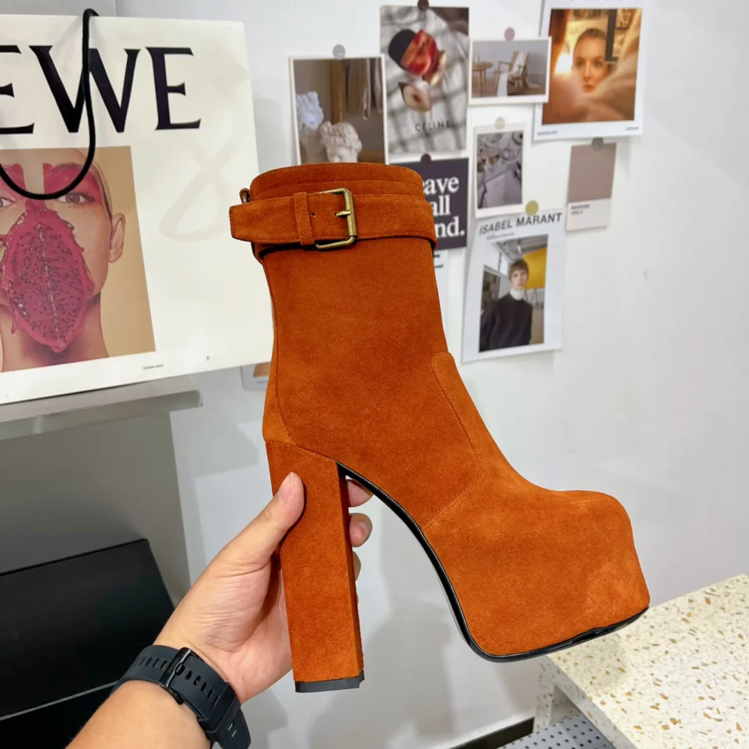 Alternative view of Saint Laurent Cherry Buckle Platform Booties Orange YSL