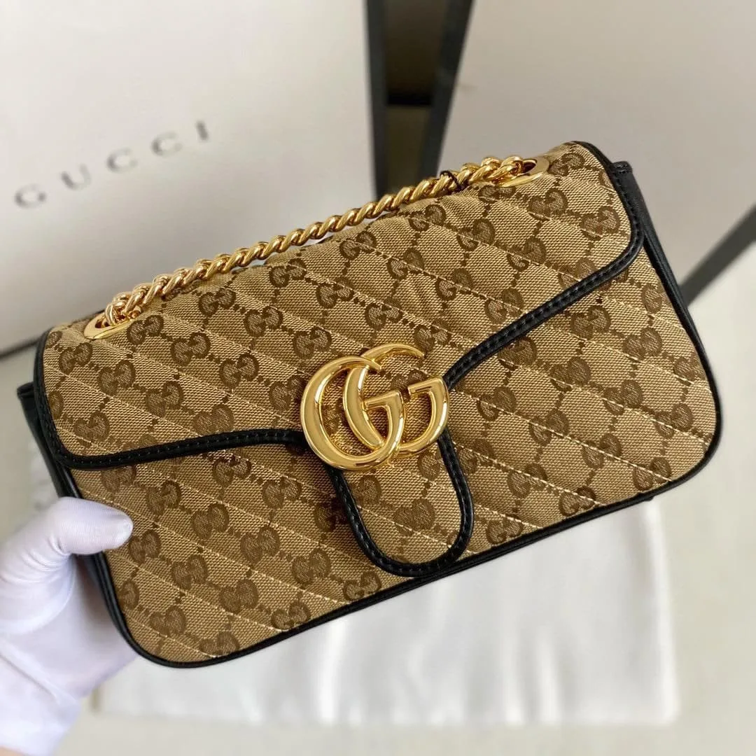 Alternative view of Gucci Marmont Small Shoulder Bag / Beige/Ebony Diagonal Matelassé Original GG Canvas Gold Hardware