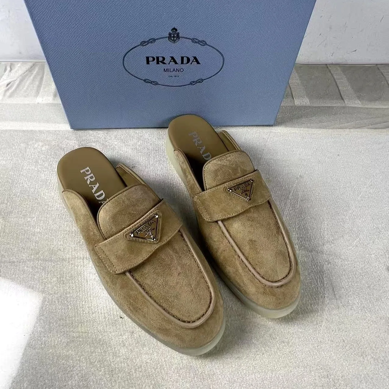 Prada Brushed Sabots Dark Beige - Image 3