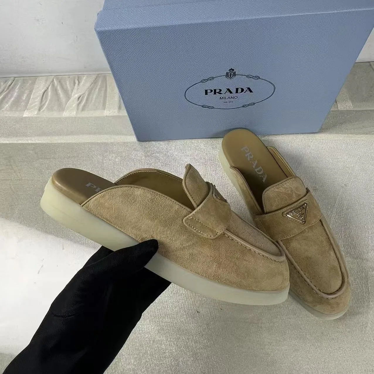 Prada Brushed Sabots Dark Beige - Image 4