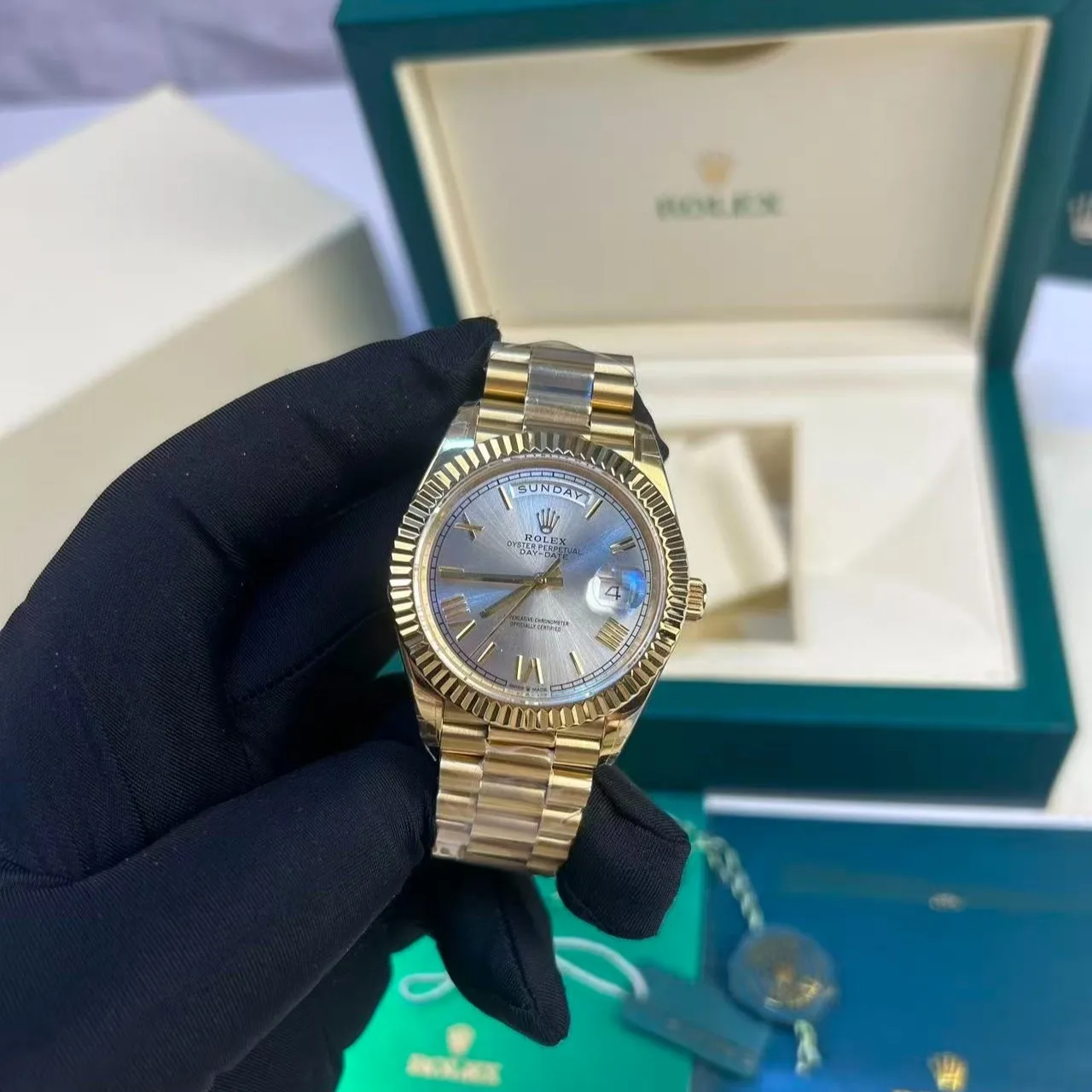 Rolex Day-Date 40 Watch Gold Toned Silver Dial - Image 6
