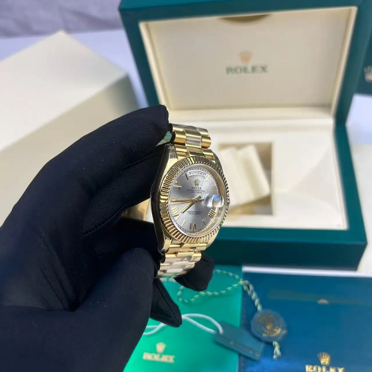 Rolex Day-Date 40 Watch Gold Toned Silver Dial - Image 3