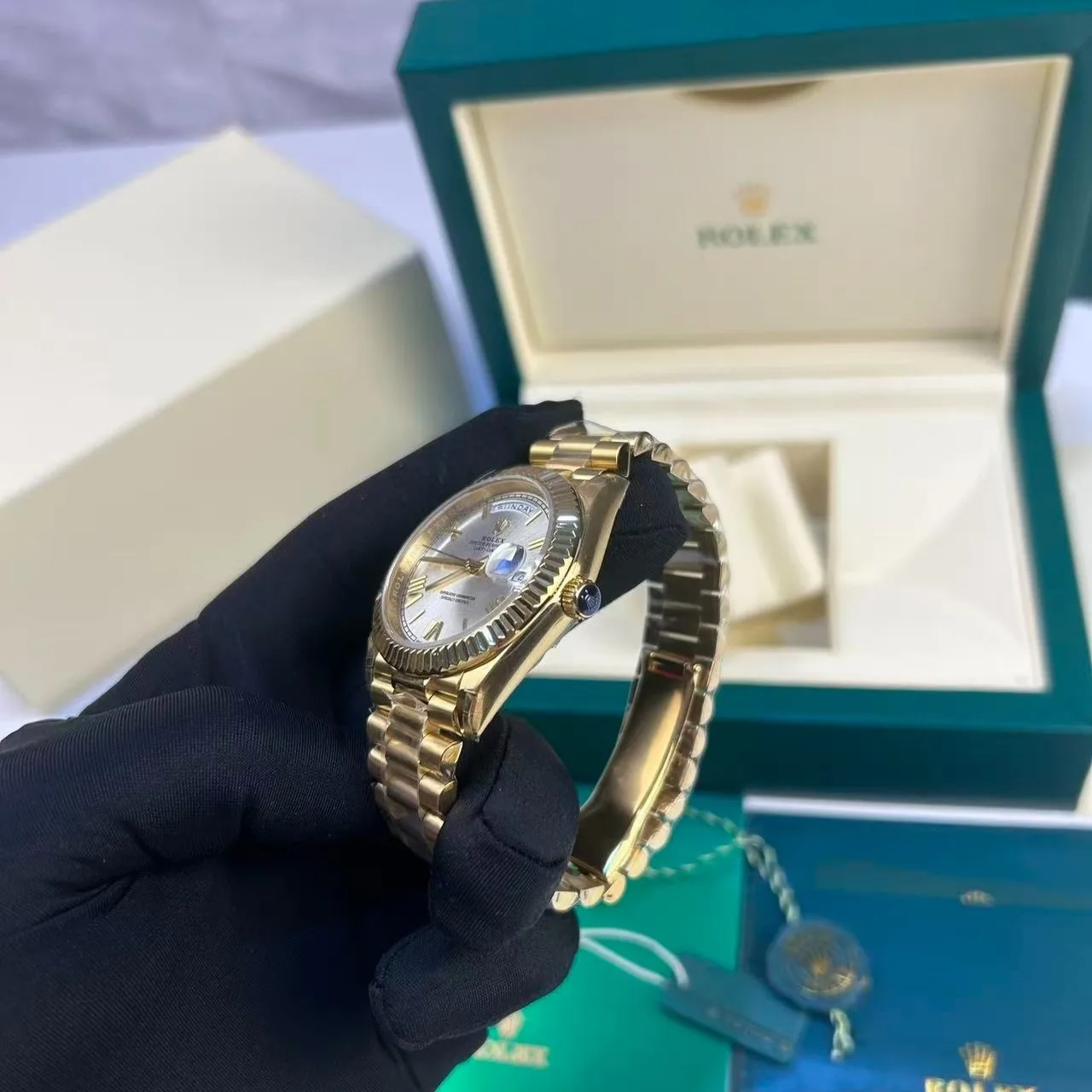 Rolex Day-Date 40 Watch Gold Toned Silver Dial - Image 4