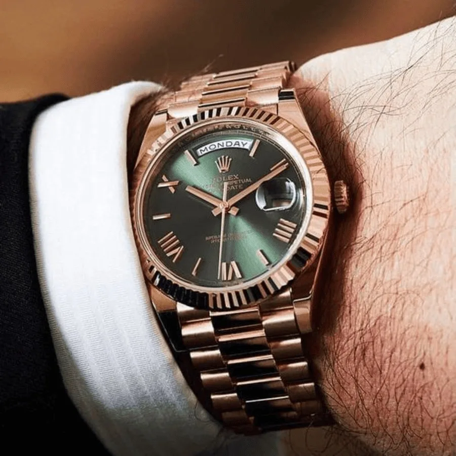 Alternative view of Rolex Day-Date 40 Watch Rose Gold Toned Olive Green Dial -0025