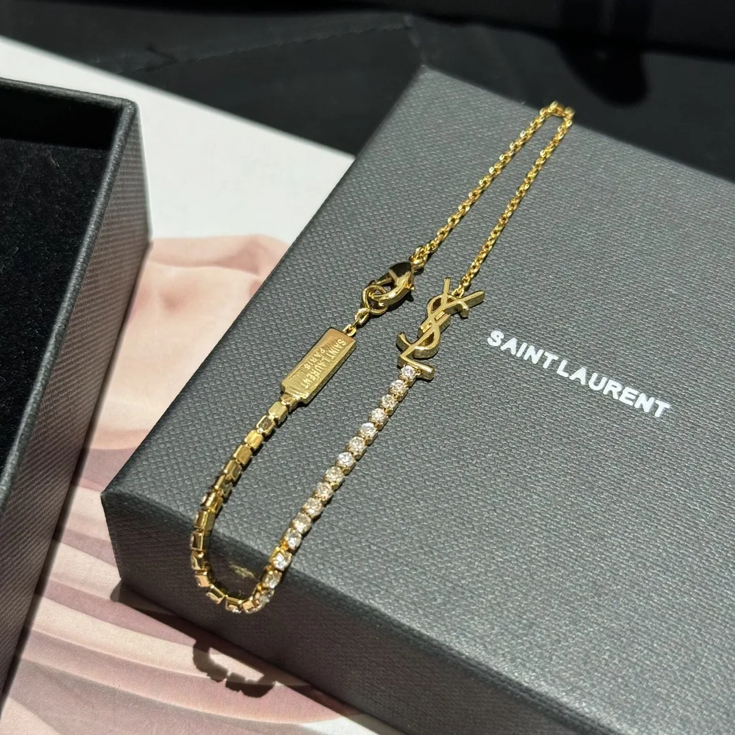Alternative view of Saint Laurent Cassandre Charm Bracelet In Crystal And Gold YSL
