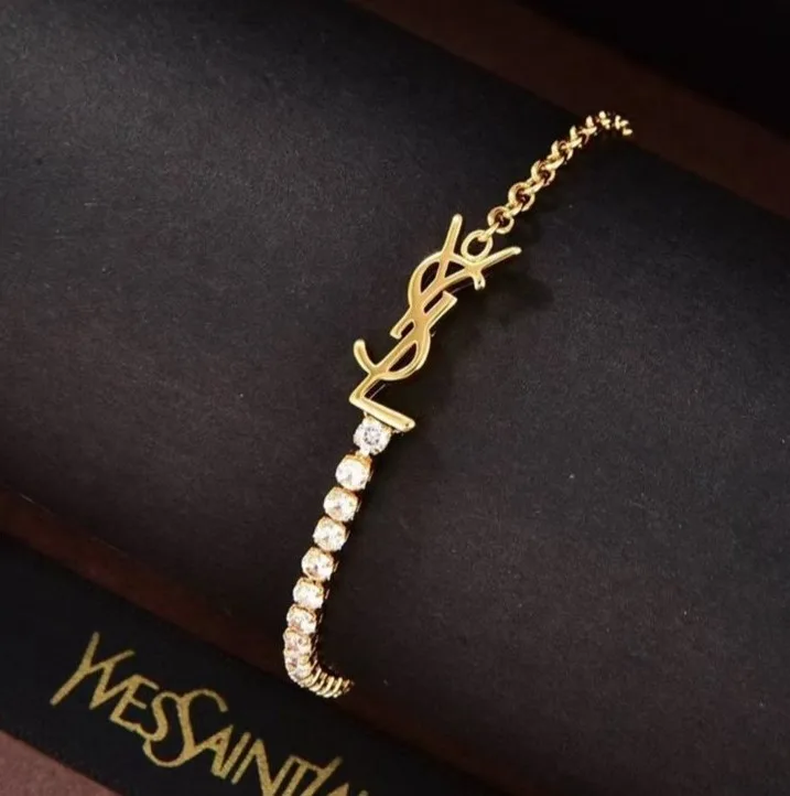 Saint Laurent Cassandre Charm Bracelet In Crystal And Gold YSL - Image 7