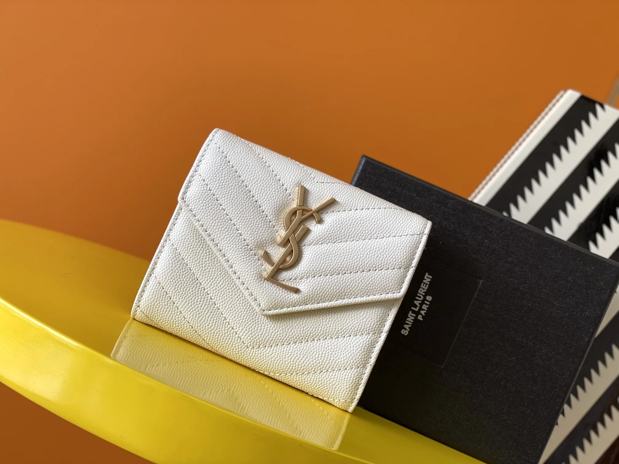 Alternative view of Saint Laurent Cassandre Matelaseé Compact Tri Fold Wallet Blanc Vintage / YSL