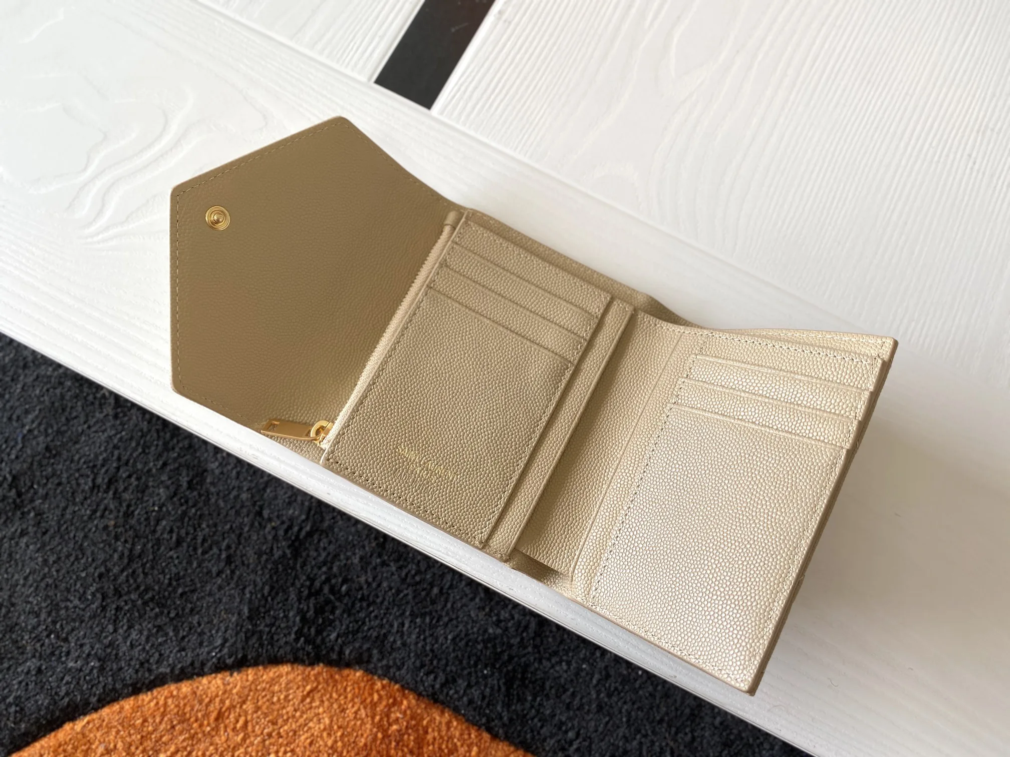 Saint Laurent Cassandre Matelaseé Compact Tri Fold Wallet Dark Beige / YSL - Image 9