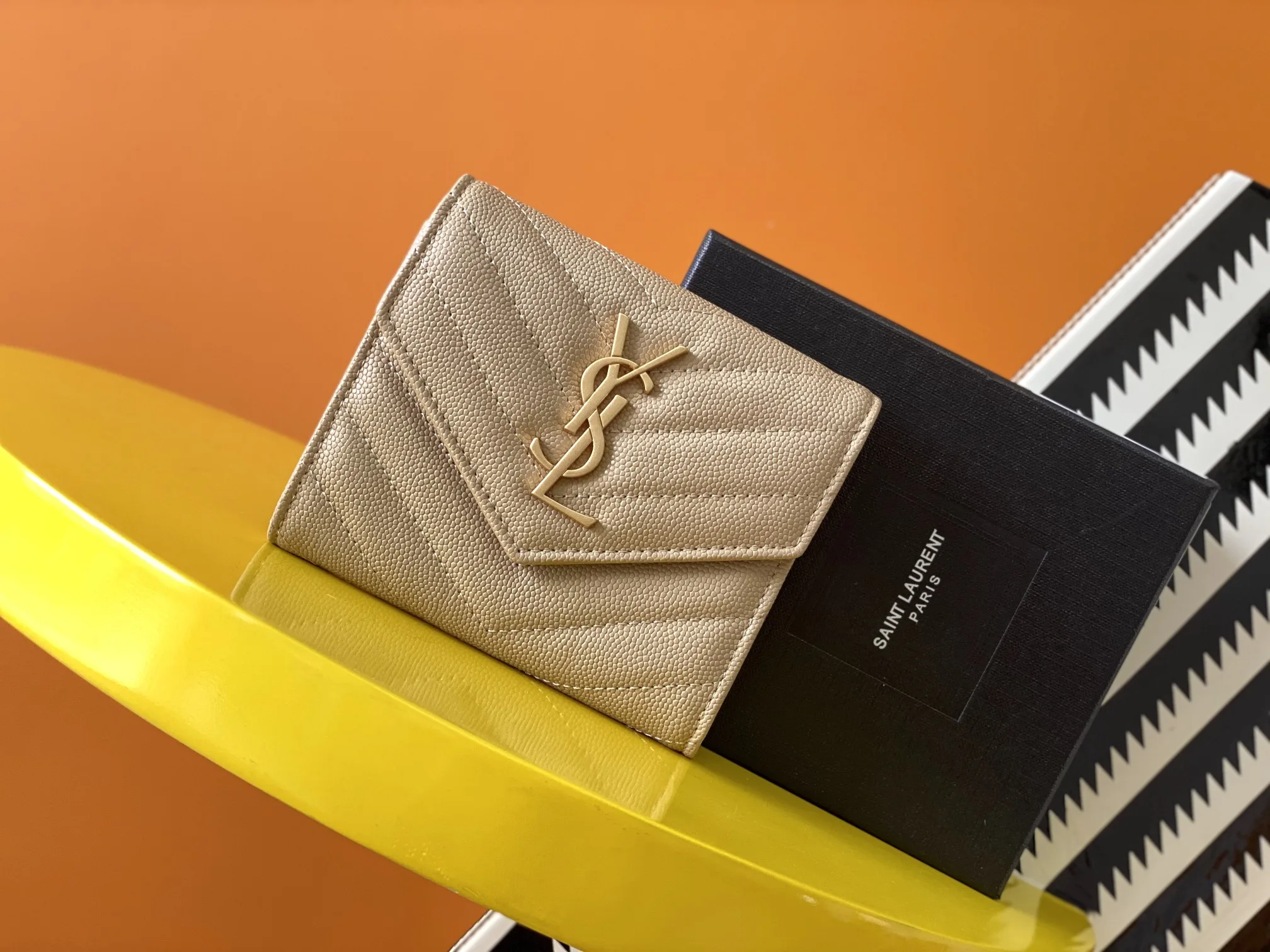 Alternative view of Saint Laurent Cassandre Matelaseé Compact Tri Fold Wallet Dark Beige / YSL
