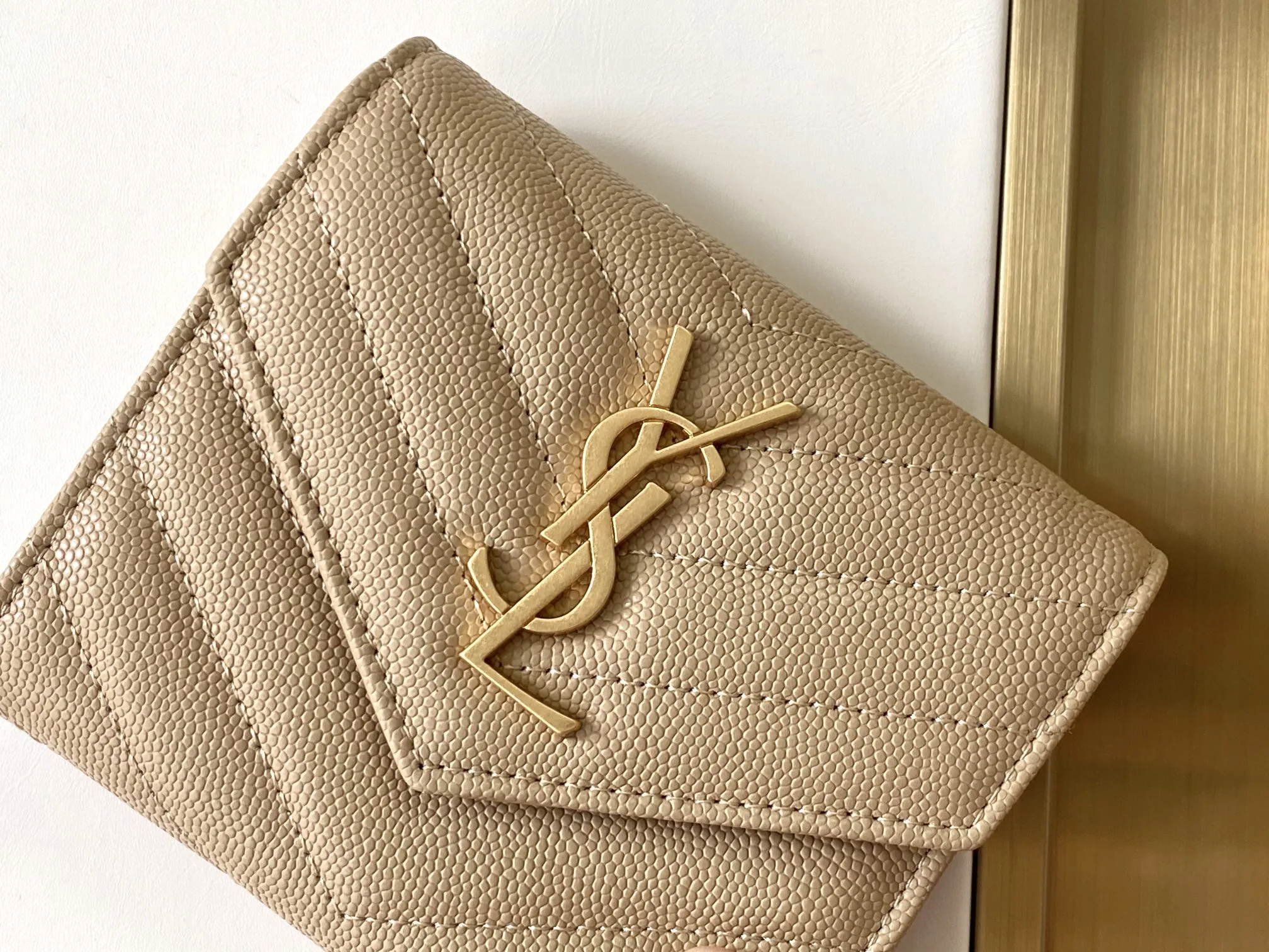 Saint Laurent Cassandre Matelaseé Compact Tri Fold Wallet Dark Beige / YSL - Image 5