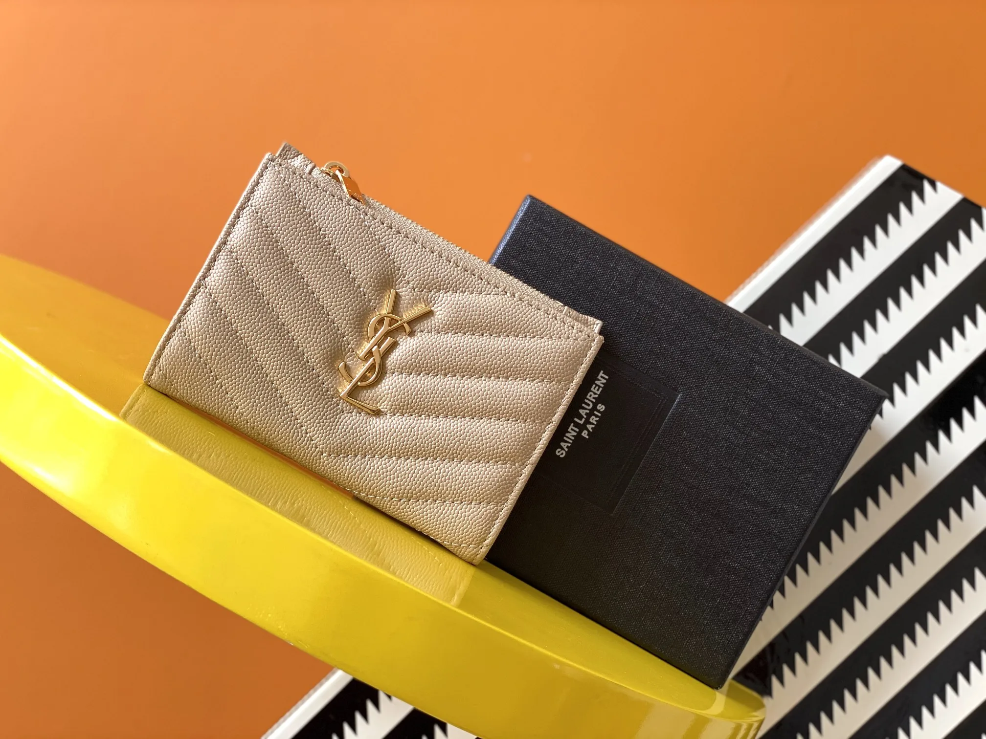 Saint Laurent Cassandre Matelaseé Fragments Bi-Fold Wallet Dark Beige / YSL - Image 2