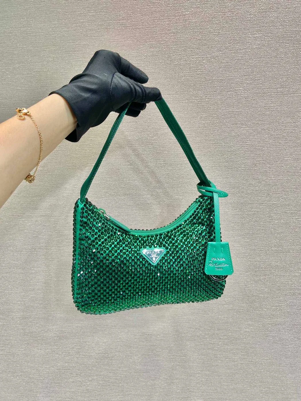 Prada Satin Mini-Bag With Crystals In Green / 1BC515_2AWL_F0458_V_OOO - Image 3