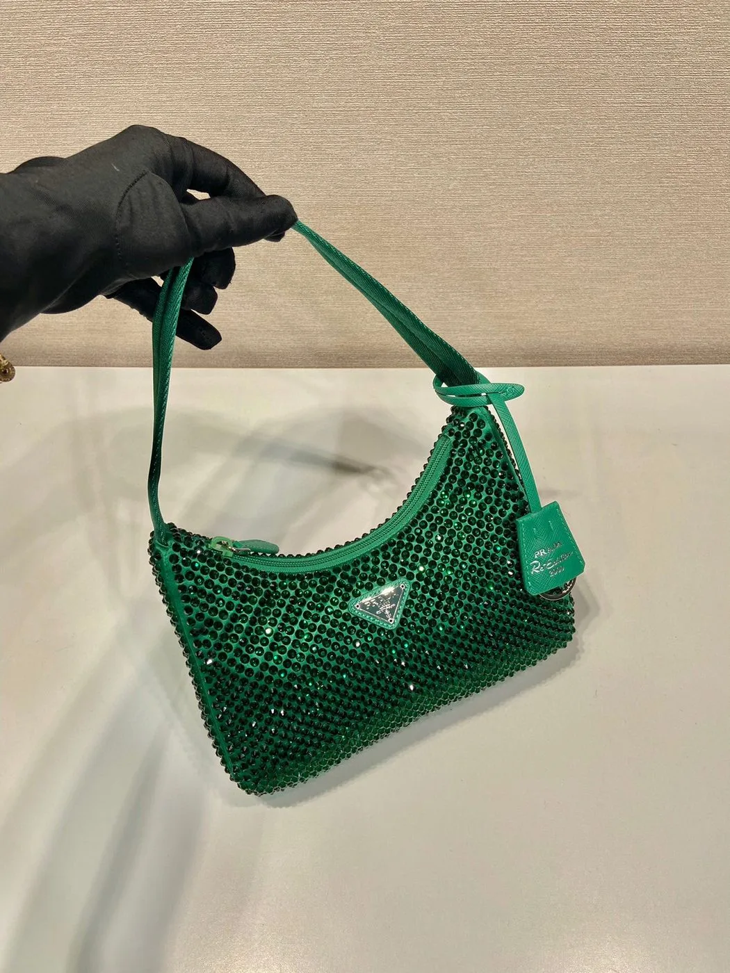 Prada Satin Mini-Bag With Crystals In Green / 1BC515_2AWL_F0458_V_OOO - Image 4
