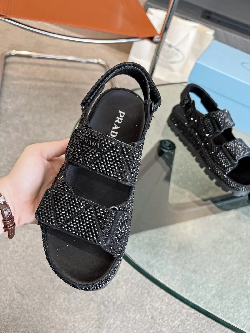 Alternative view of Prada Satin Sandals With Crystals Black / 1X013N_2AWL_F0002_F_020