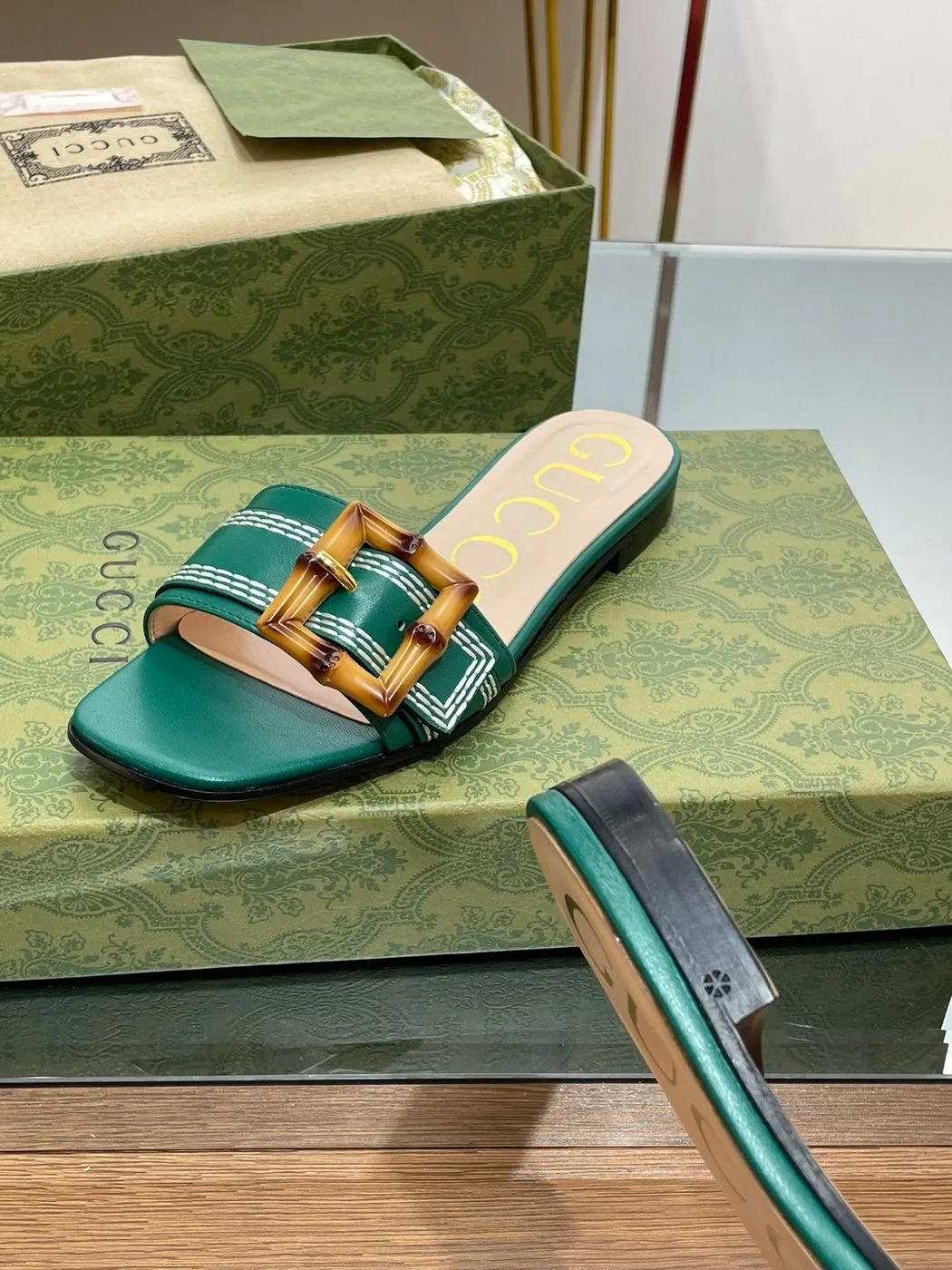 Alternative view of Gucci Slide Sandal With Bamboo Buckle Green