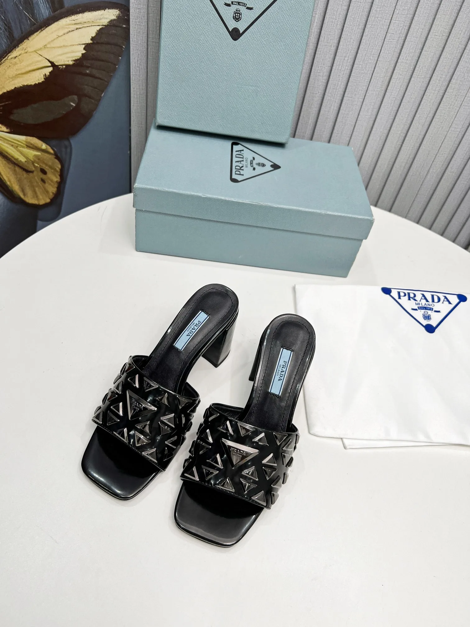 Alternative view of Prada Studded Metallic Mules Black /