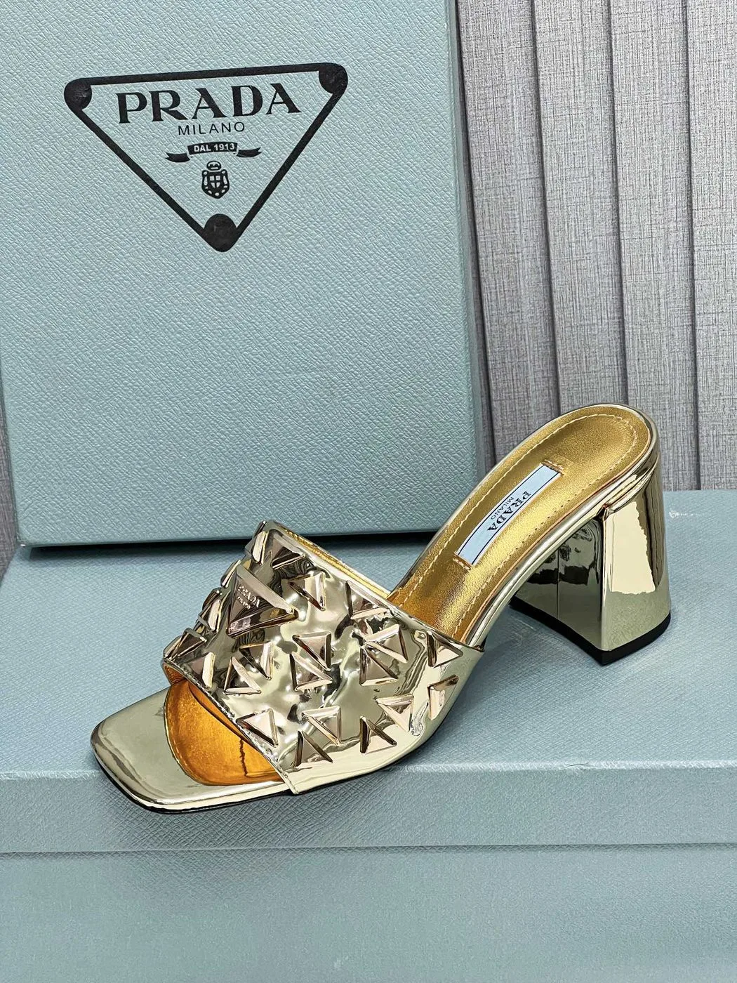 Alternative view of Prada Studded Metallic Mules Gold Tone / 1XX647_3LL5_F0522_F_065