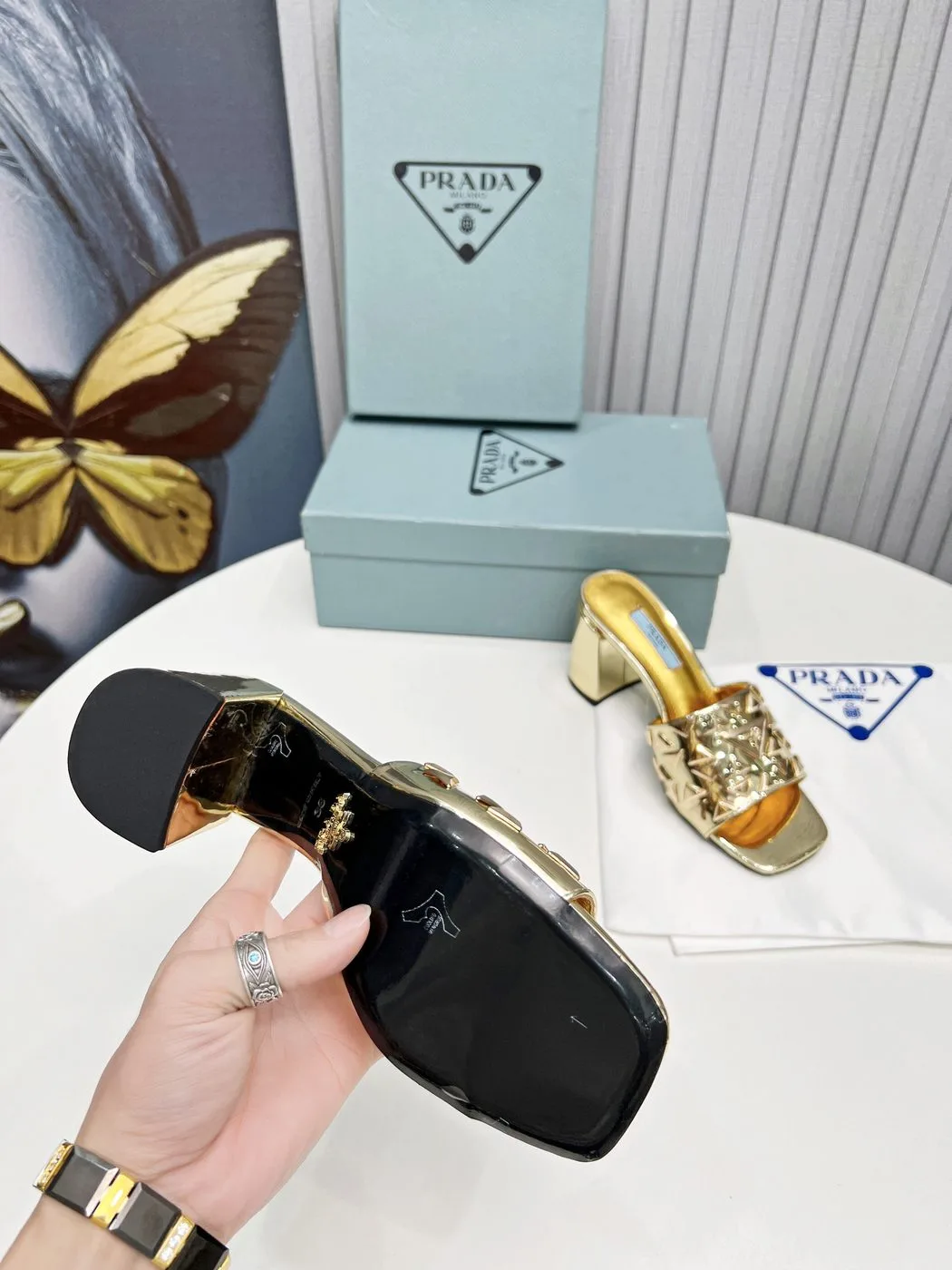 Prada Studded Metallic Mules Gold Tone / 1XX647_3LL5_F0522_F_065 - Image 3