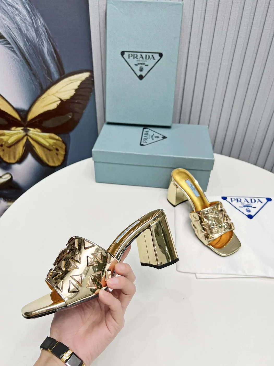 Prada Studded Metallic Mules Gold Tone / 1XX647_3LL5_F0522_F_065 - Image 4