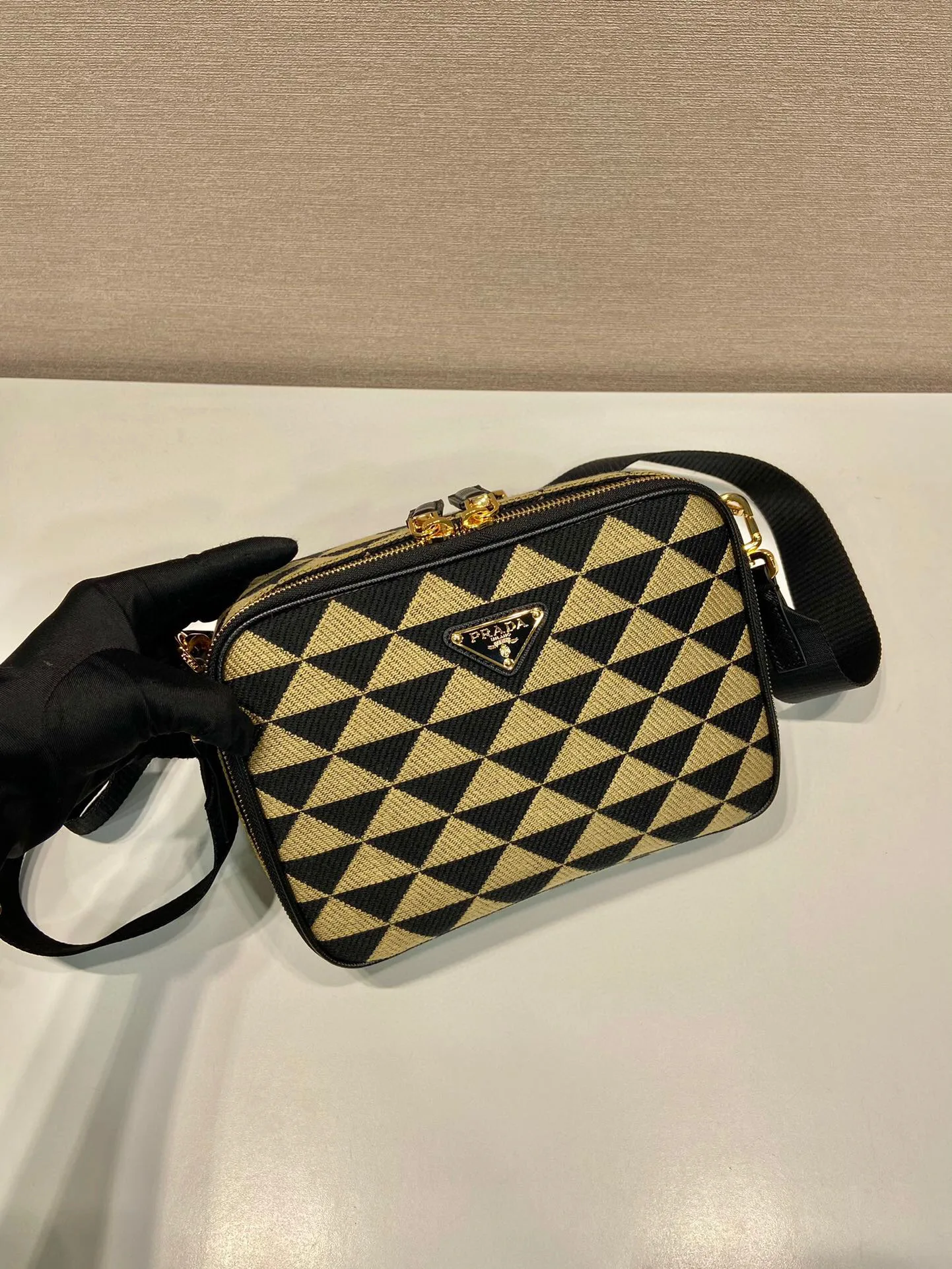 Prada Symbole Embroidered Fabric Bag In Beige / 2VH069_2FKL_F0Y30_V_MOF - Image 3