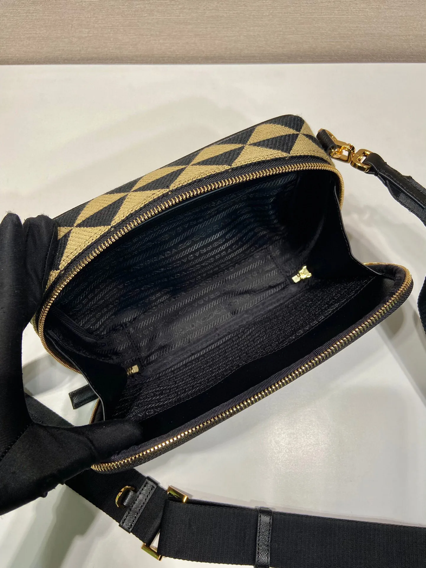 Prada Symbole Embroidered Fabric Bag In Beige / 2VH069_2FKL_F0Y30_V_MOF - Image 9
