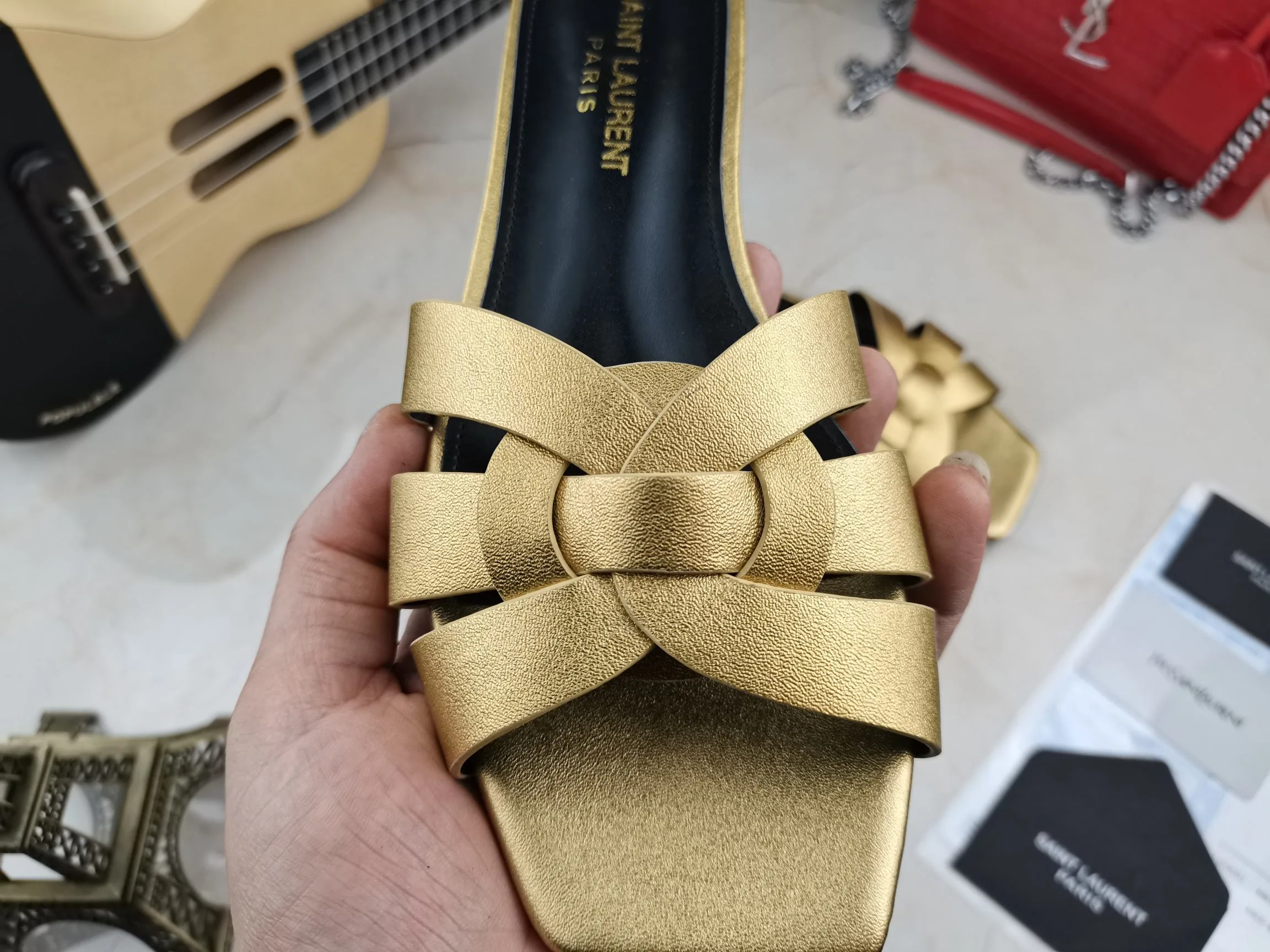 Alternative view of Saint Laurent Tribute Flat Mules Gold YSL