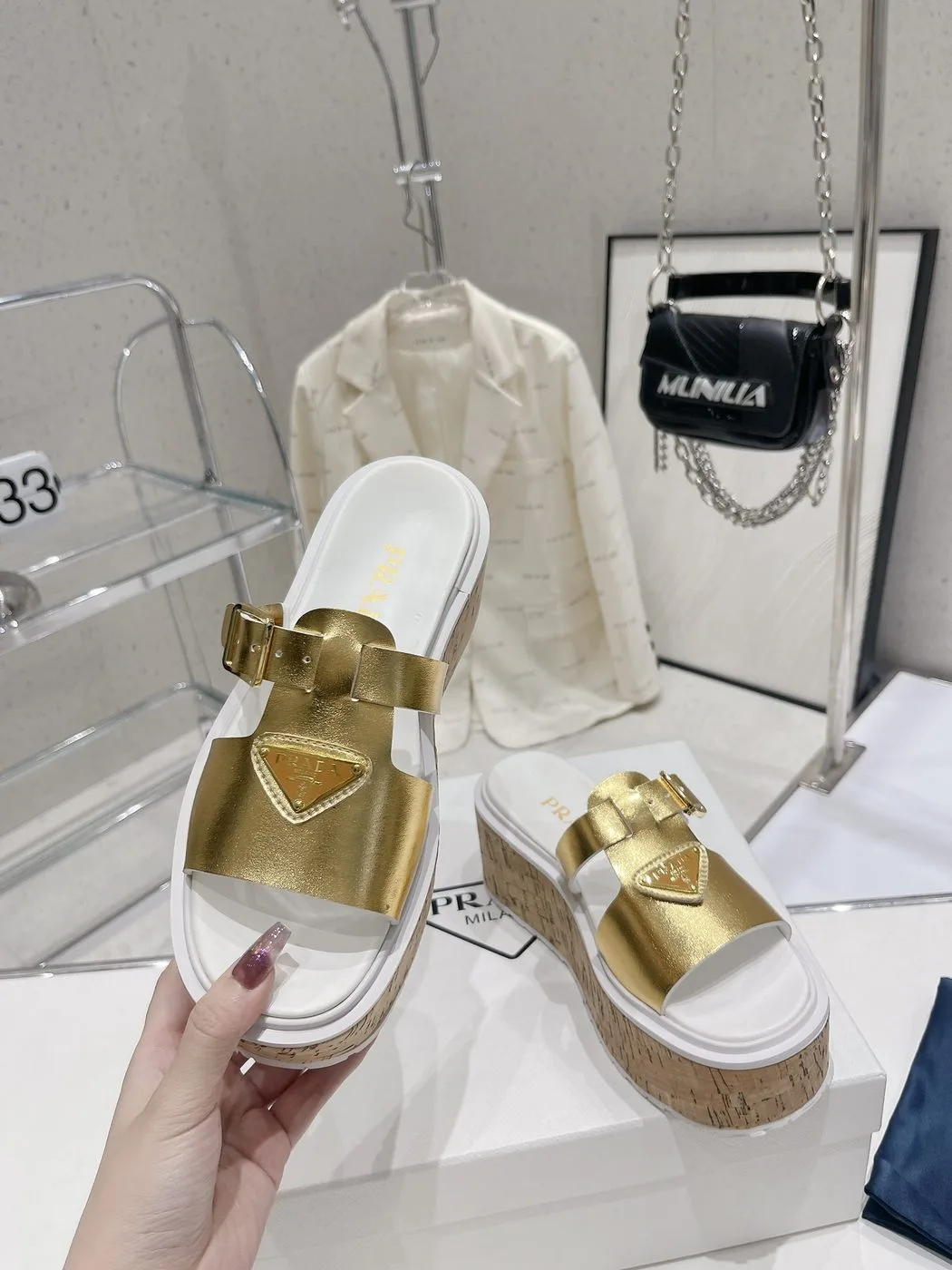 Alternative view of Prada Wedge Platform Sandals Gold Tone /