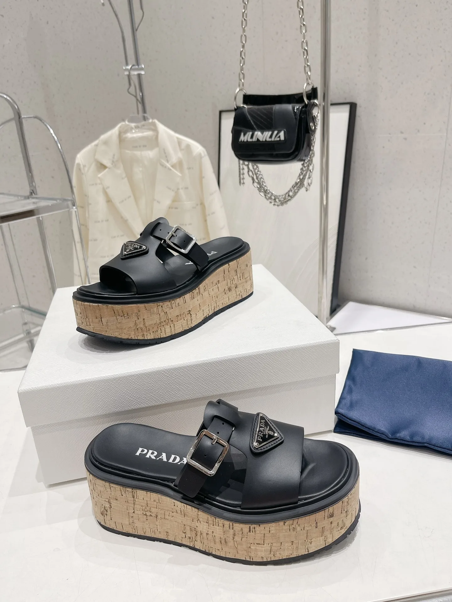 Alternative view of Prada Wedge Platform Sandals Black / 1X853M_3LLP_F0002_F_B075