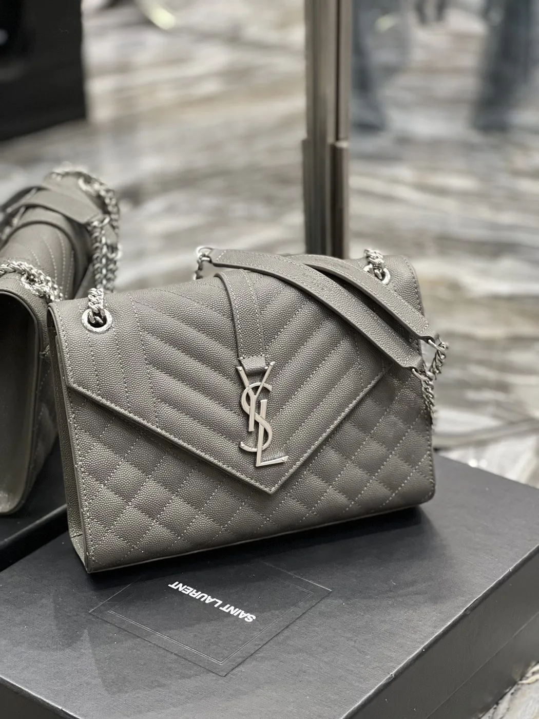 Saint Laurent Envelope Medium Chain Bag Dark Grey - Image 2